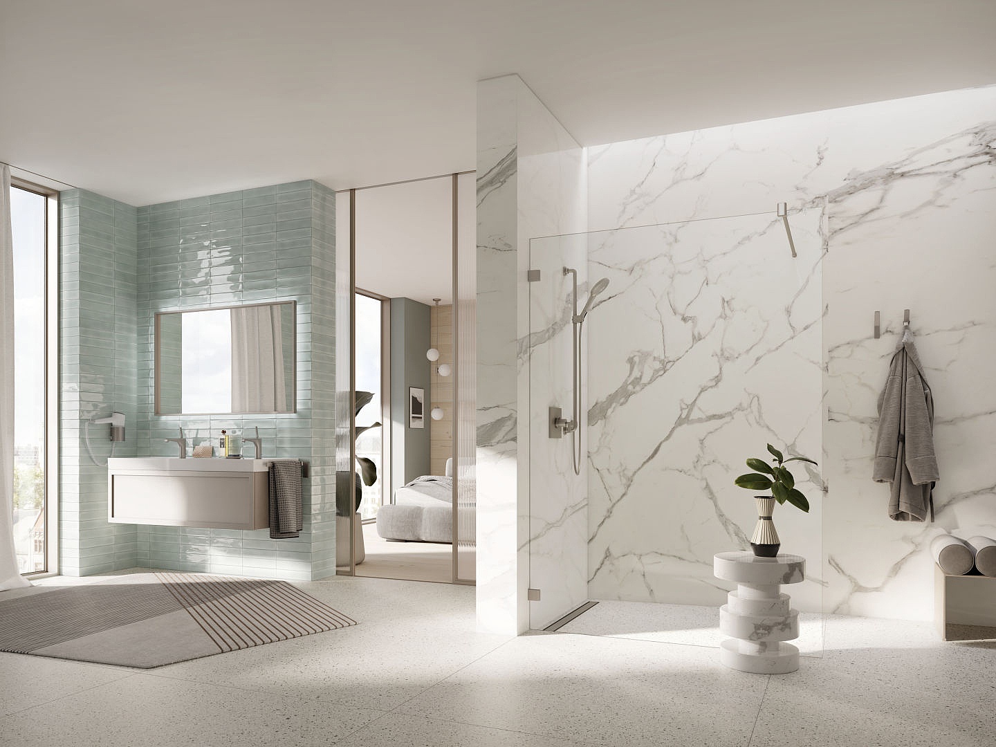 MENA WALK-IN Wall mit Wandbeschlag mit Oberfläche Brushed Nickel und ESG Klarglas über KermiEXTRA Kermi Beschlag-Dusche MENA WALK-IN Wall mit Wandbeschlag mit Oberfläche Brushed Nickel und ESG Klarglas über KermiEXTRA