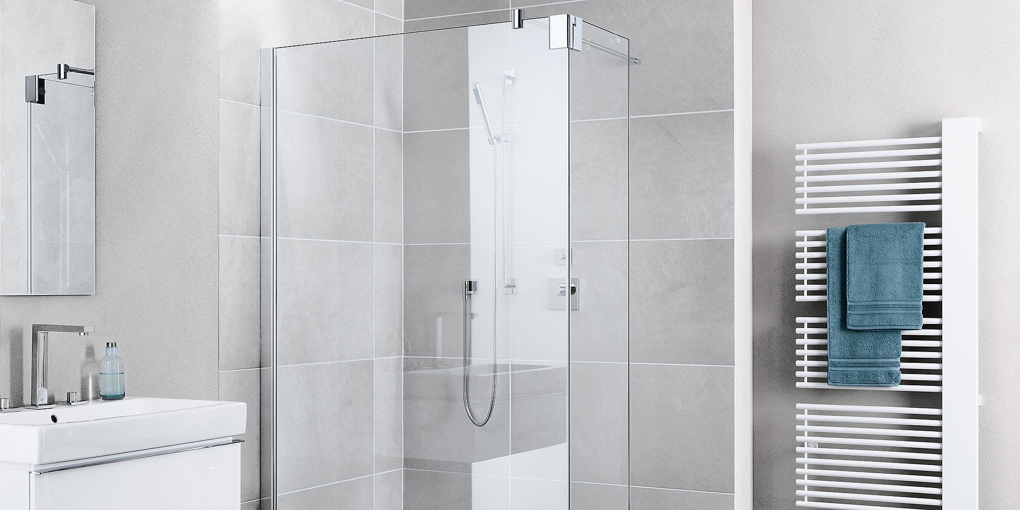 Kermi hinged shower enclosure, PASA XP WALK-IN WALL with movable panel