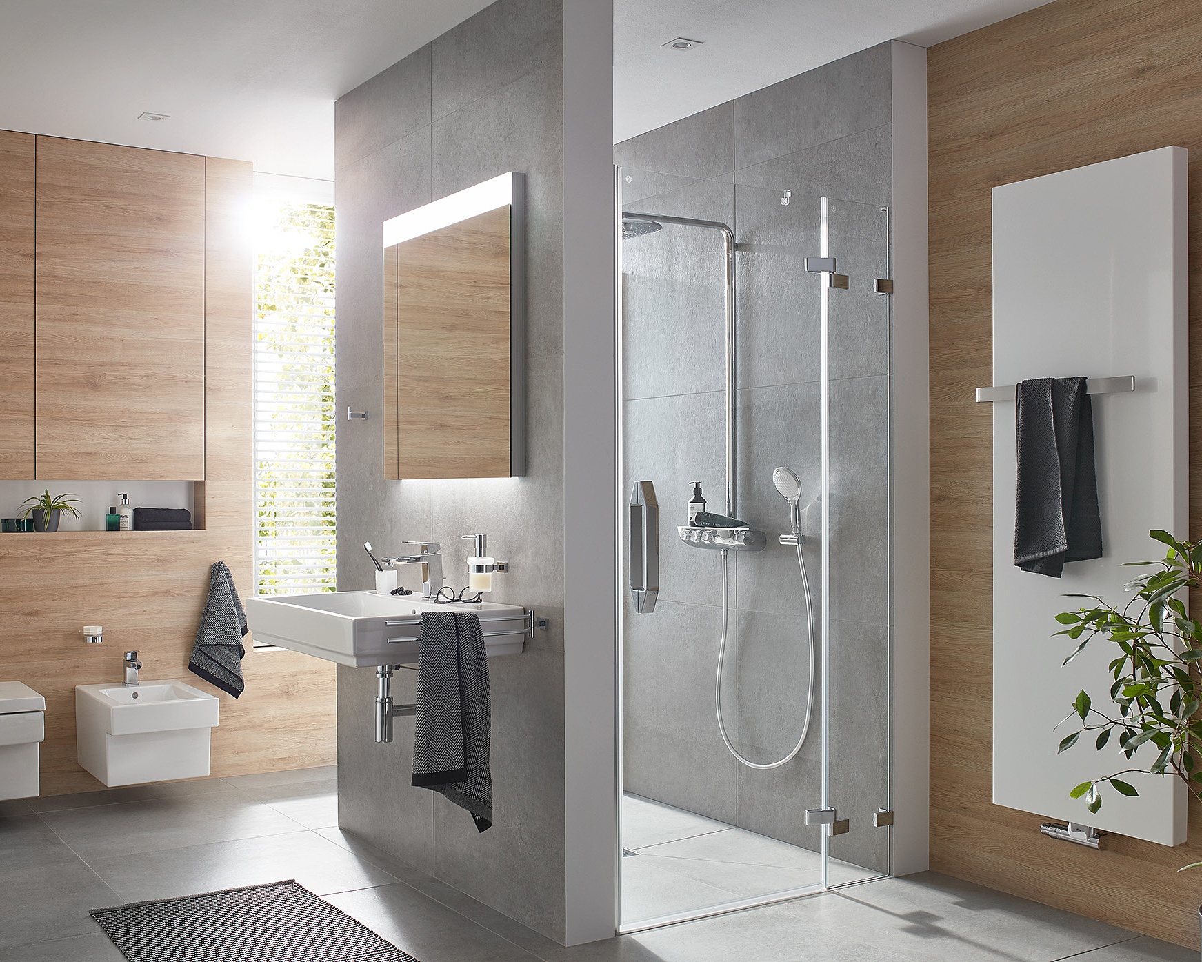 Kermi hinged shower enclosure, TUSCA single panel hinged door with fixed panel with wall hinge