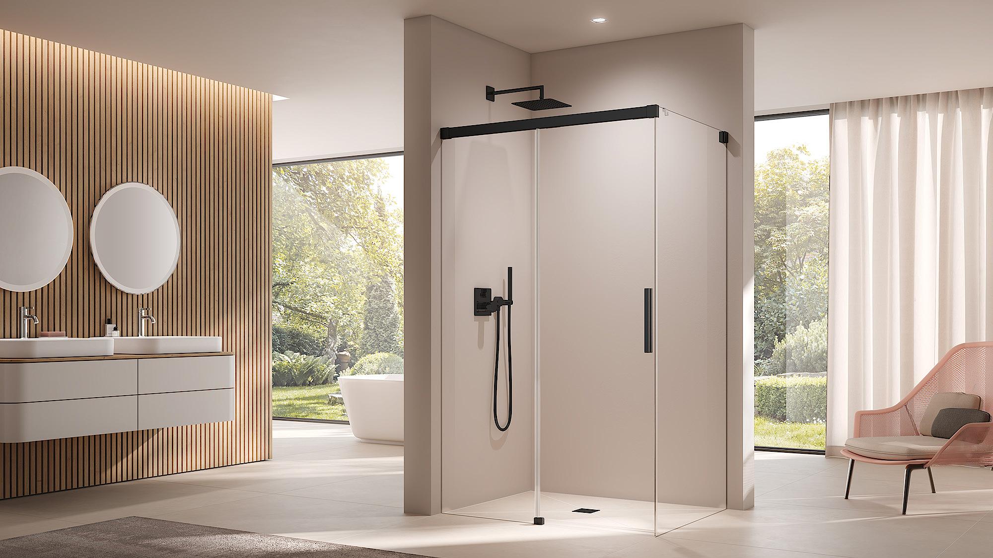 Paroi de douche à profilé Kermi avec porte coulissante NICA en 2 parties avec surface au sol libre et élément fixe sans profilé mural