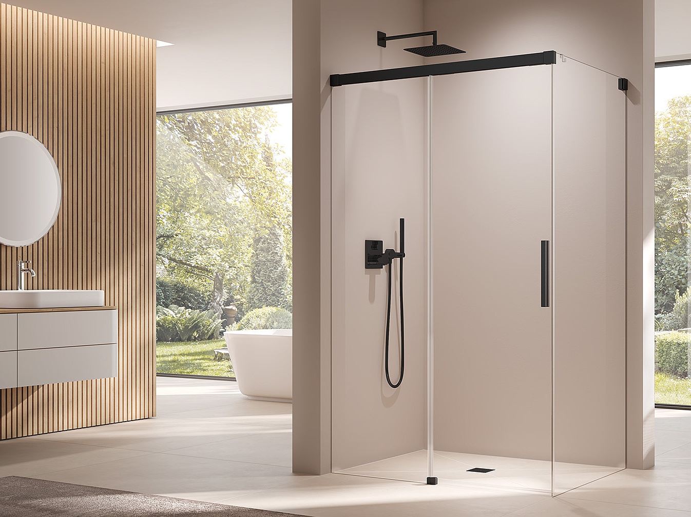 Paroi de douche à profilé Kermi avec porte coulissante NICA en 2 parties avec surface au sol libre et élément fixe sans profilé mural