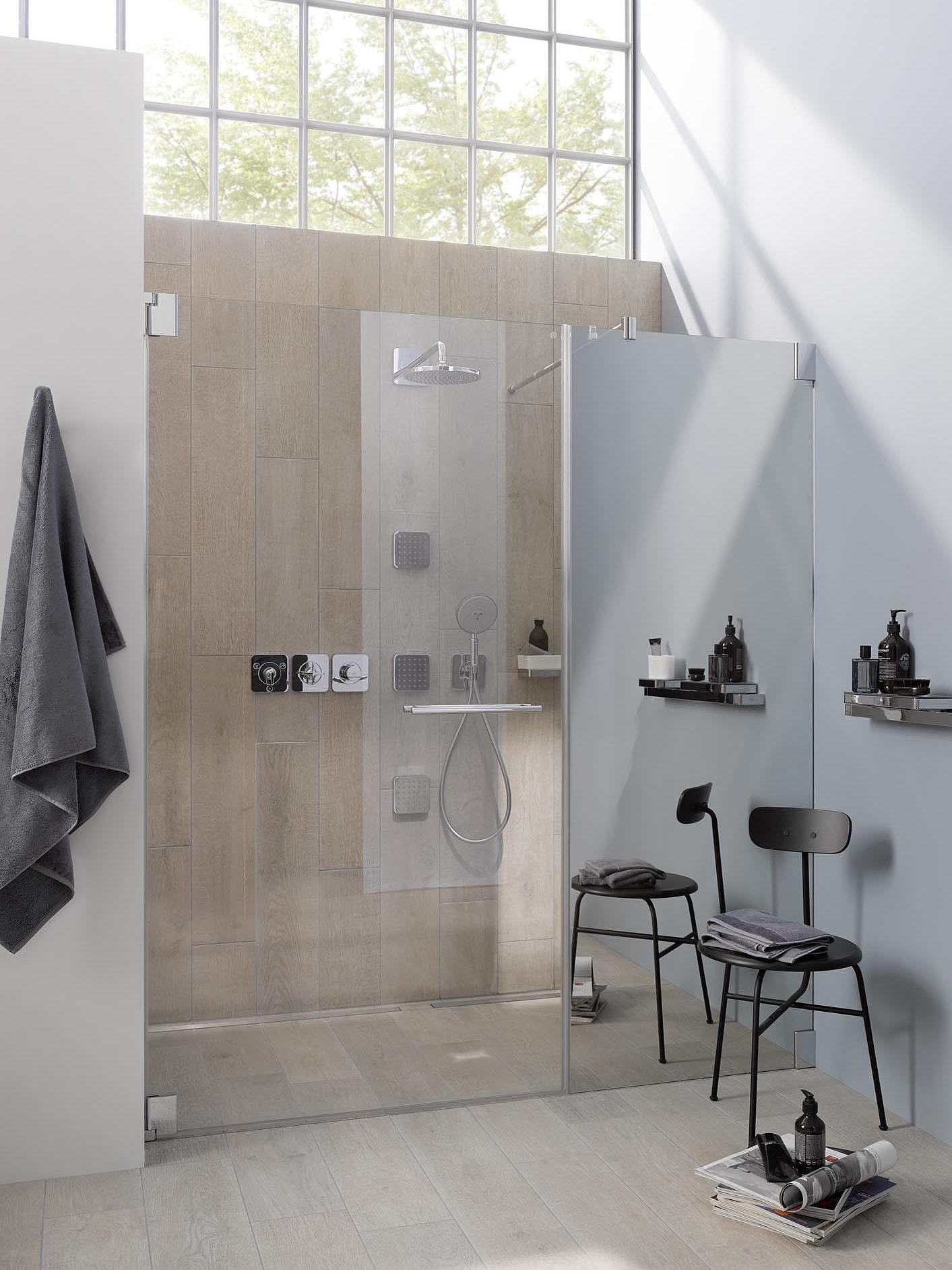 Kermi hinged shower enclosure PASA single-panel hinged door and fixed panel customized via KermiEXTRA