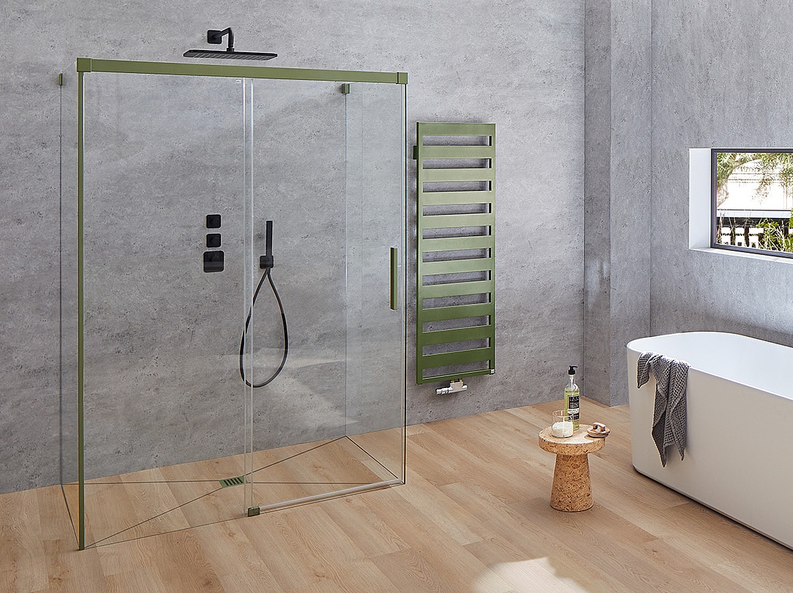 Paroi de douche à profilé Kermi avec porte coulissante NICA en 2 parties avec surface au sol libre et élément fixe sans profilé mural Forest