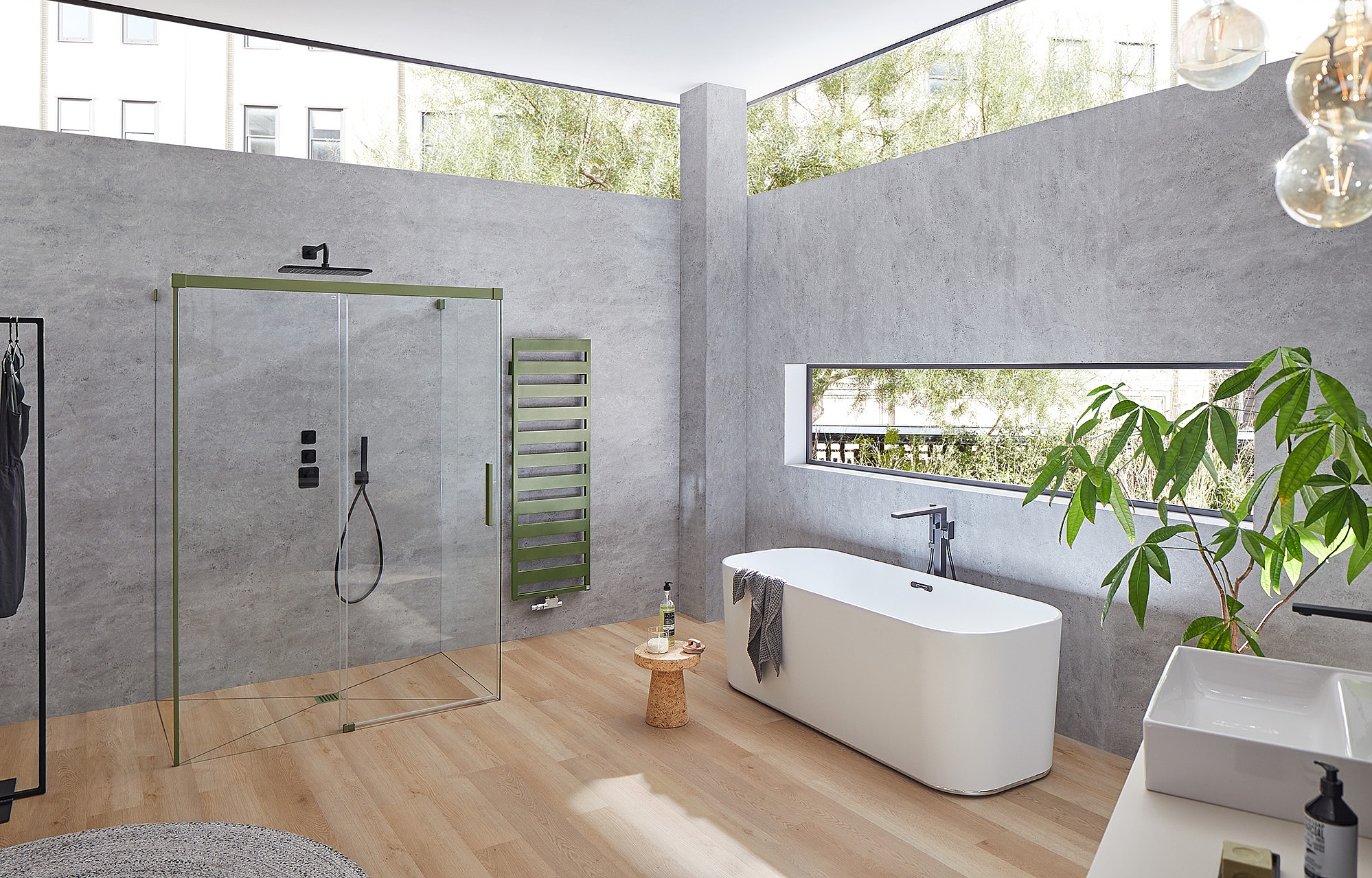 Paroi de douche à profilé Kermi avec porte coulissante NICA en 2 parties avec surface au sol libre et élément fixe sans profilé mural Forest