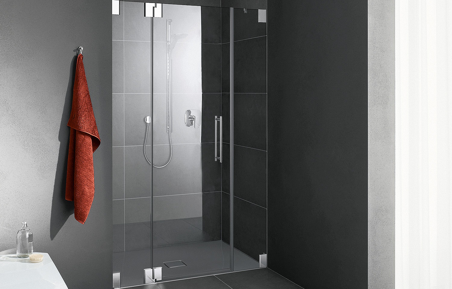 Kermi hinged shower enclosure, PASA single panel hinged door with fixed panels