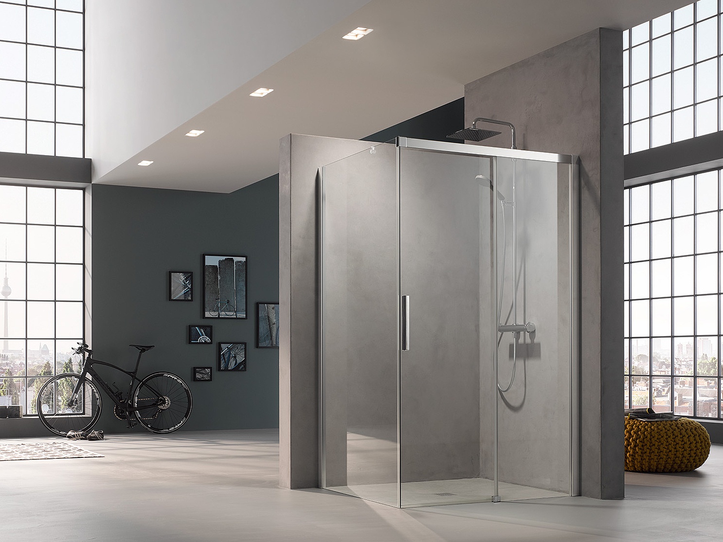 Paroi de douche à profilé Kermi avec porte coulissante NICA en 2 parties avec surface au sol libre et élément fixe avec profilé mural