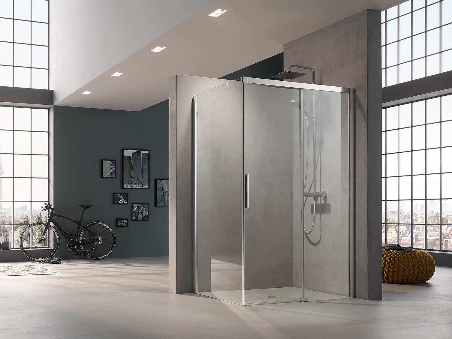 Kermi profile shower enclosure NICA off-floor two-part sliding door with fixed panel and wall profile