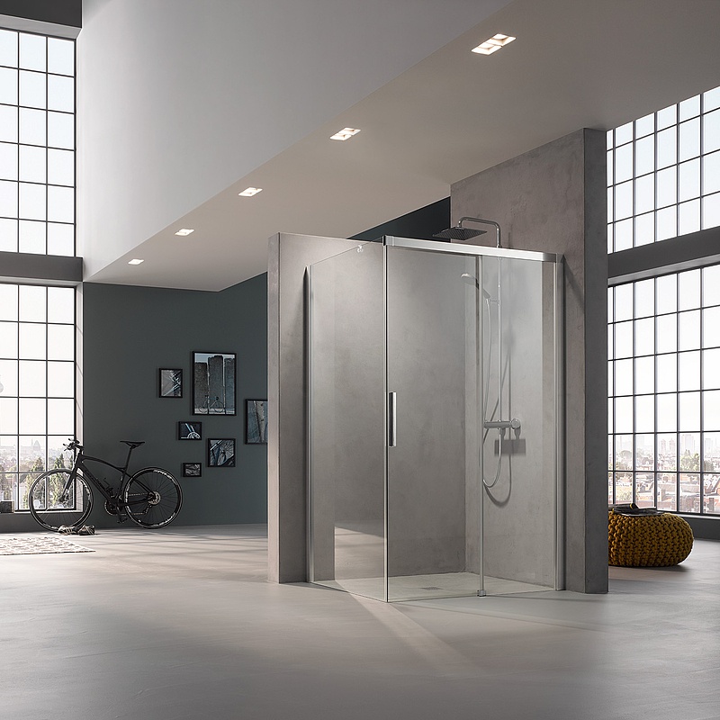 Kermi profile shower enclosure NICA off-floor two-part sliding door with fixed panel and wall profile