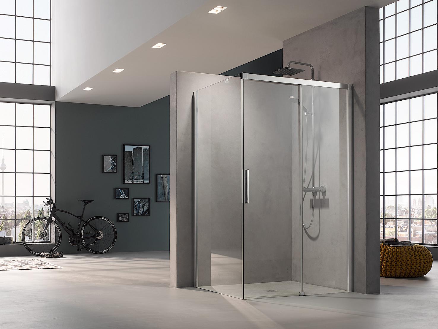 Paroi de douche à profilé Kermi avec porte coulissante NICA en 2 parties avec surface au sol libre et élément fixe avec profilé mural