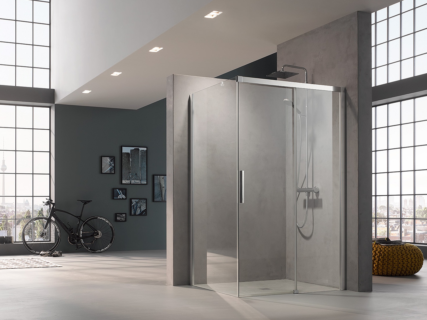 Paroi de douche à profilé Kermi avec porte coulissante NICA en 2 parties avec surface au sol libre et élément fixe avec profilé mural