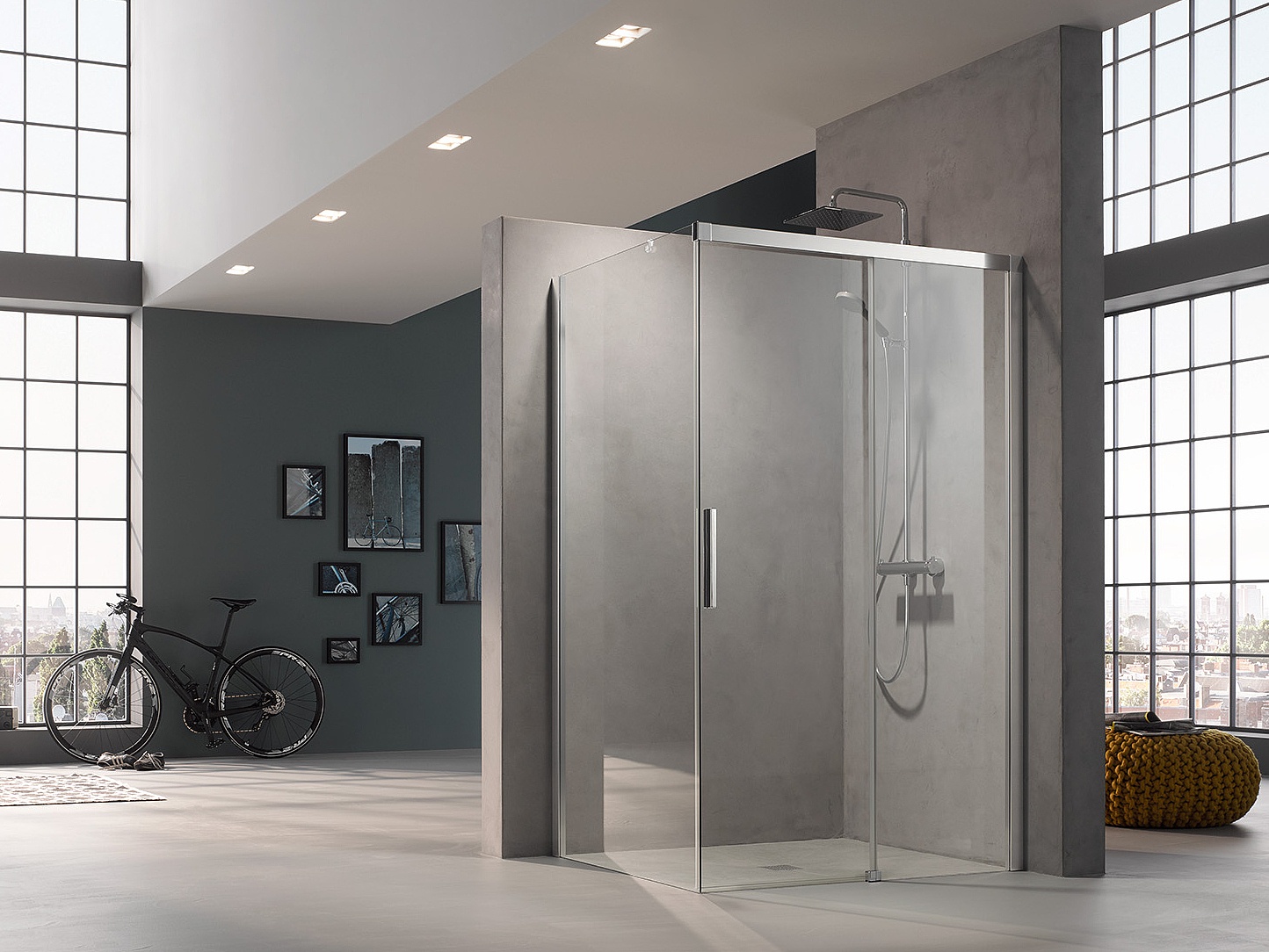 Paroi de douche à profilé Kermi avec porte coulissante NICA en 2 parties avec surface au sol libre et élément fixe avec profilé mural