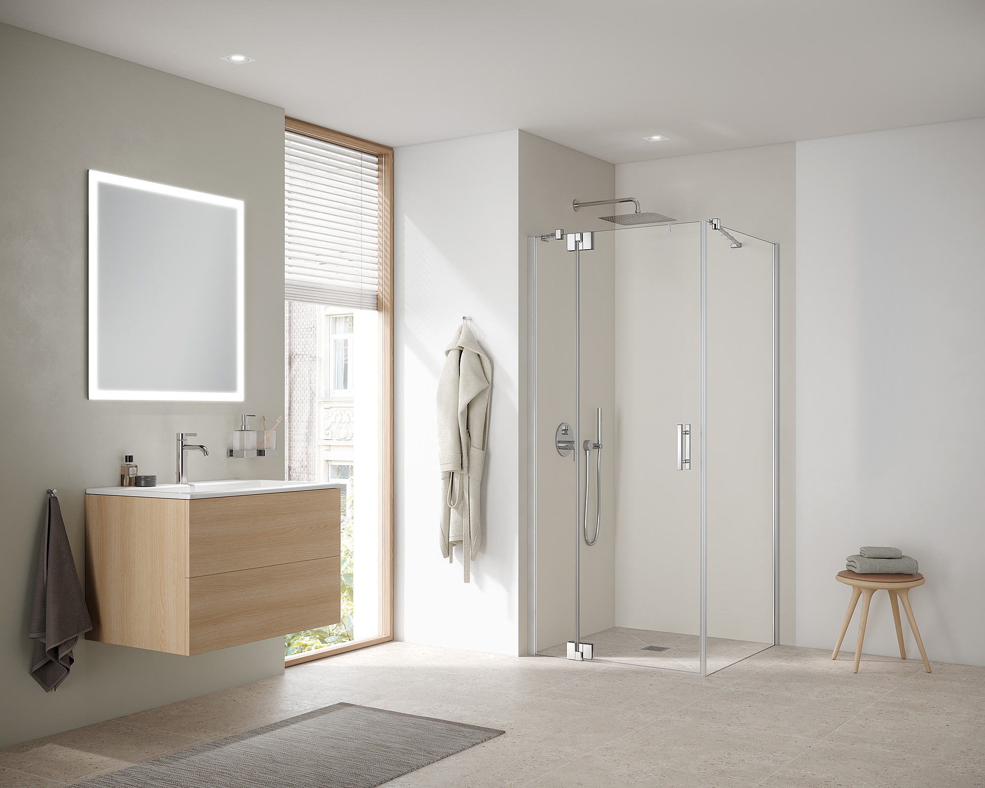 Kermi hinged shower enclosure, FILIA XP single panel hinged door with fixed panel and side wall