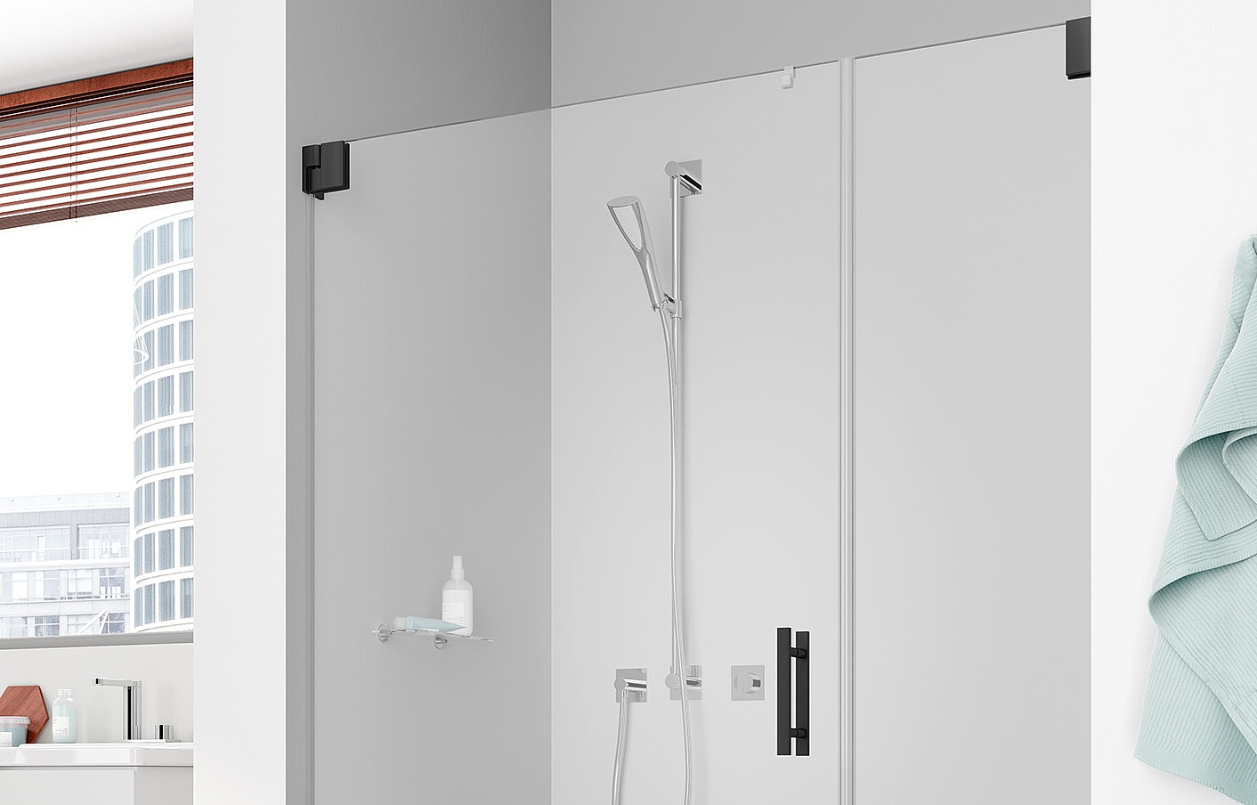 Kermi hinged shower enclosure, FILIA single panel hinged door and fixed panel