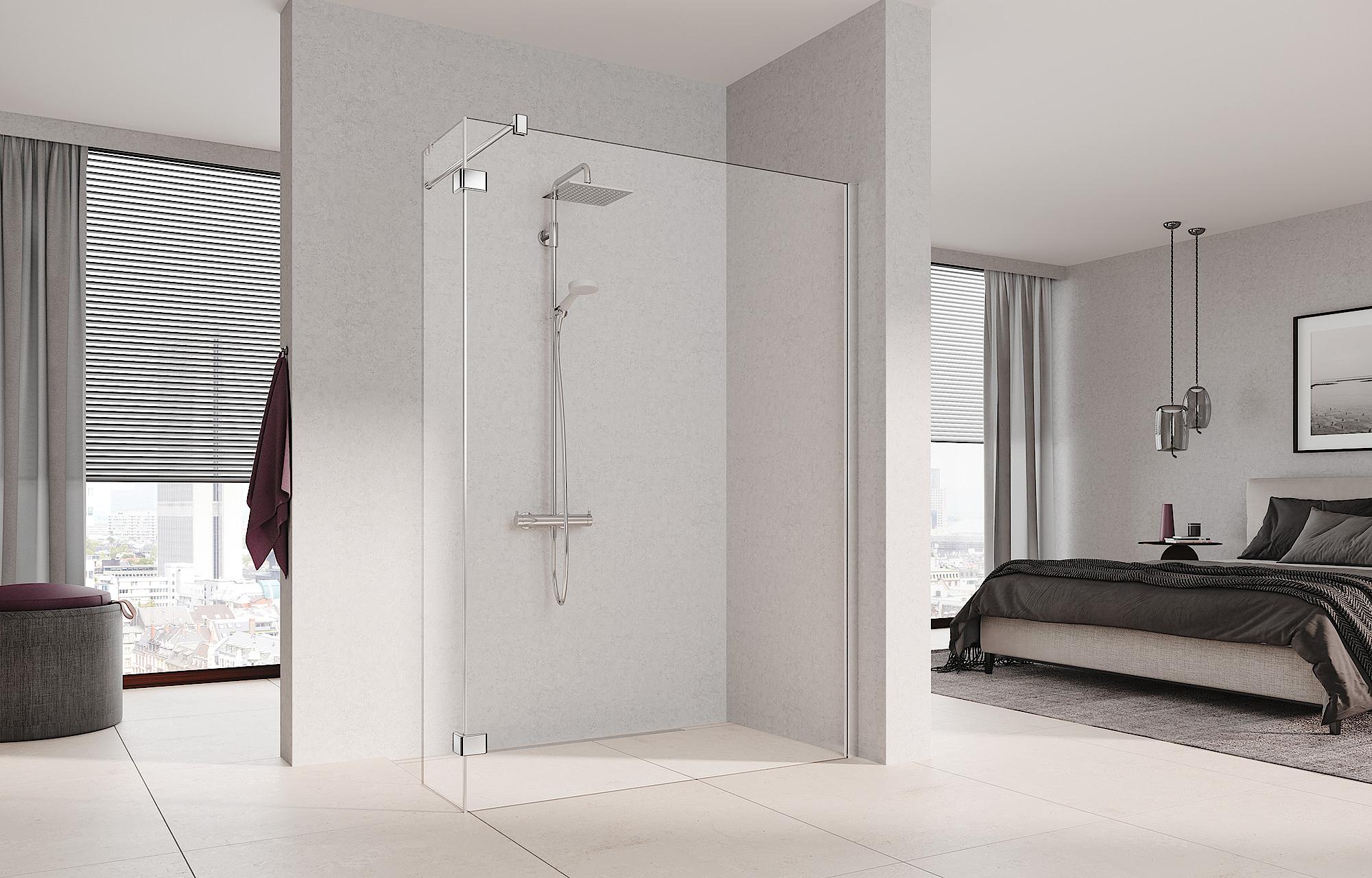 Kermi shower enclosure, MENA WALK-IN Wall with wall profile with fixed panel at an angle