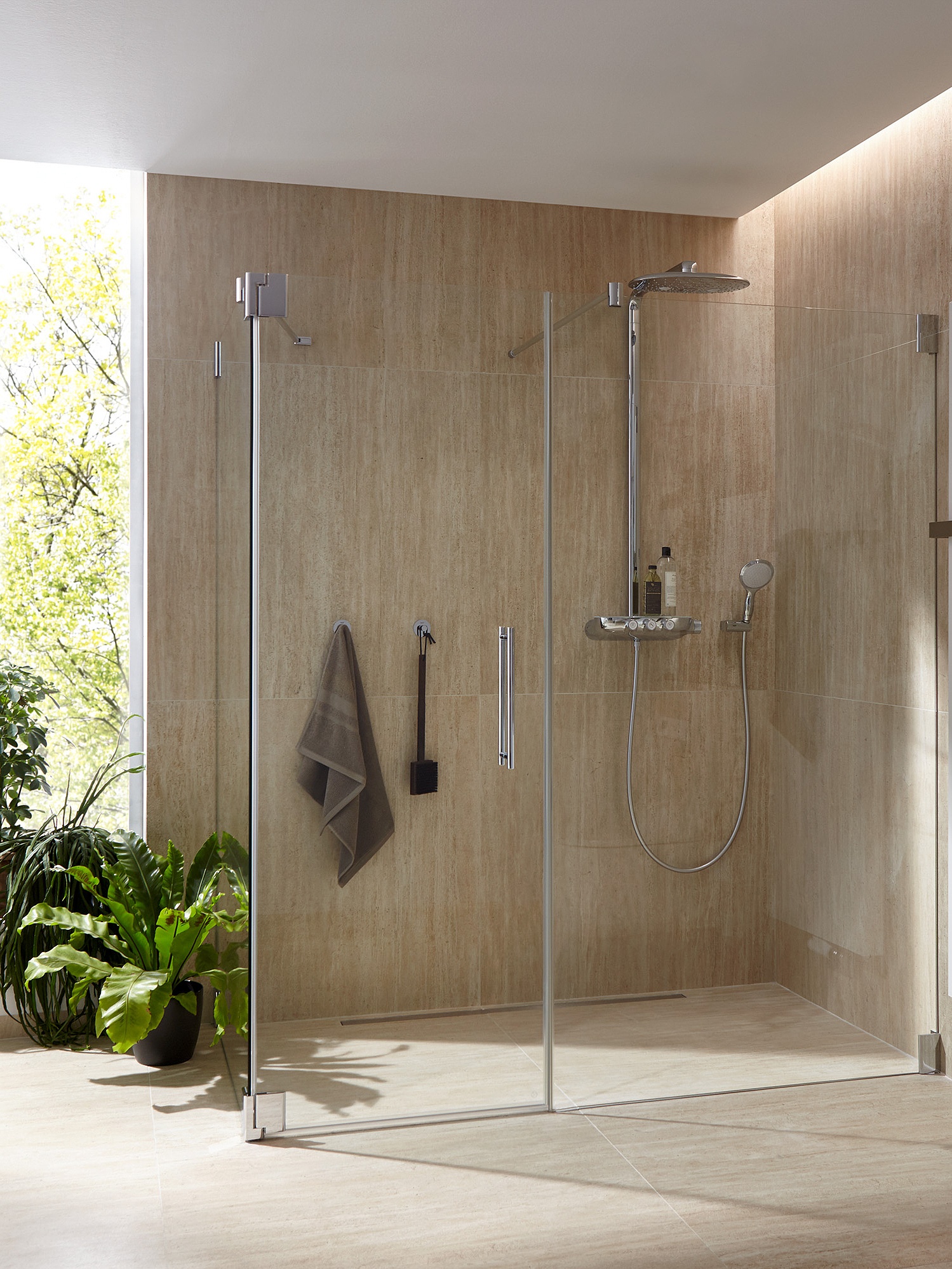 Kermi hinged shower enclosure, PASA single panel hinged door with fixed panel and side wall