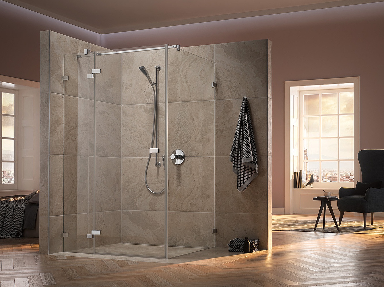 Kermi hinged shower enclosure, TUSCA single panel hinged door with fixed panel with wall hinge