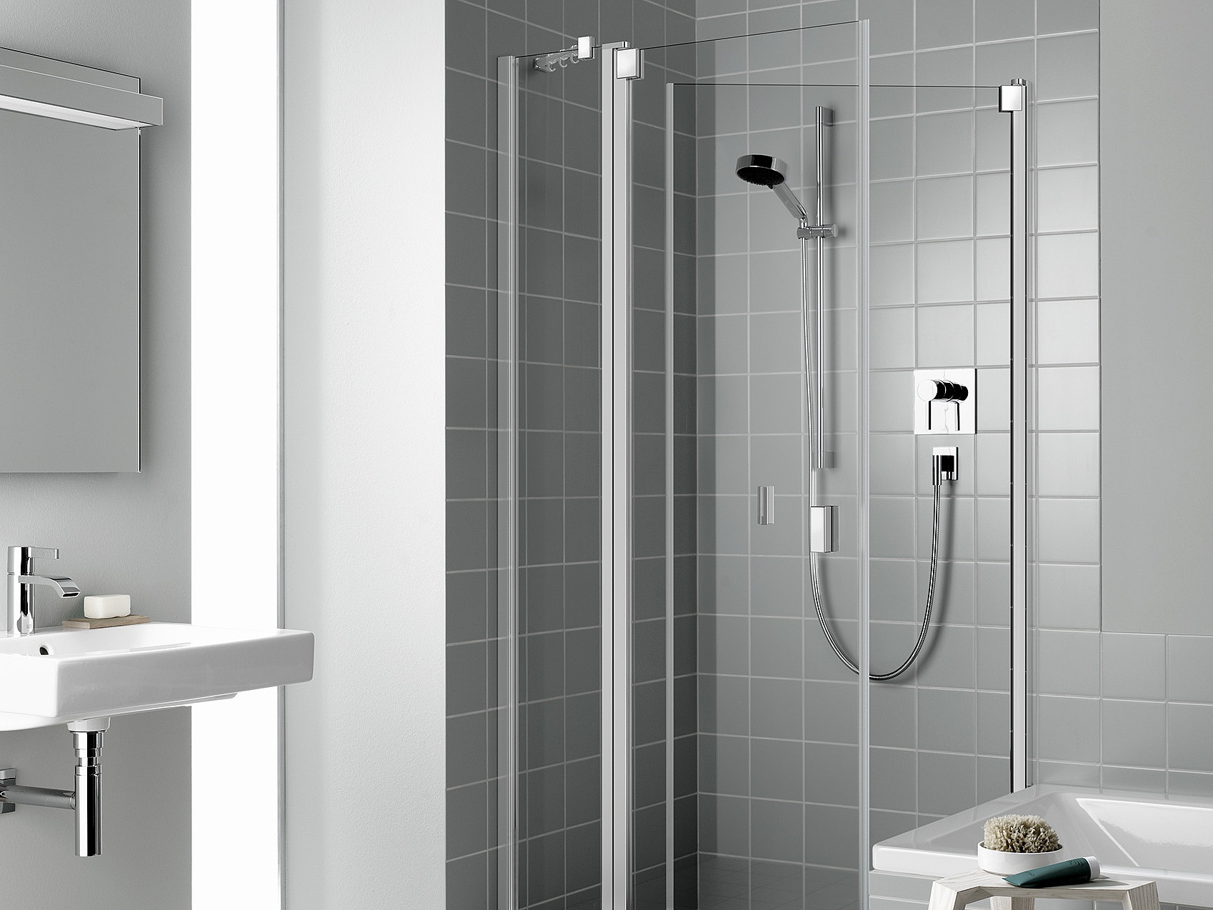 Kermi profile shower enclosure, RAYA single panel hinged door with fixed panel, open