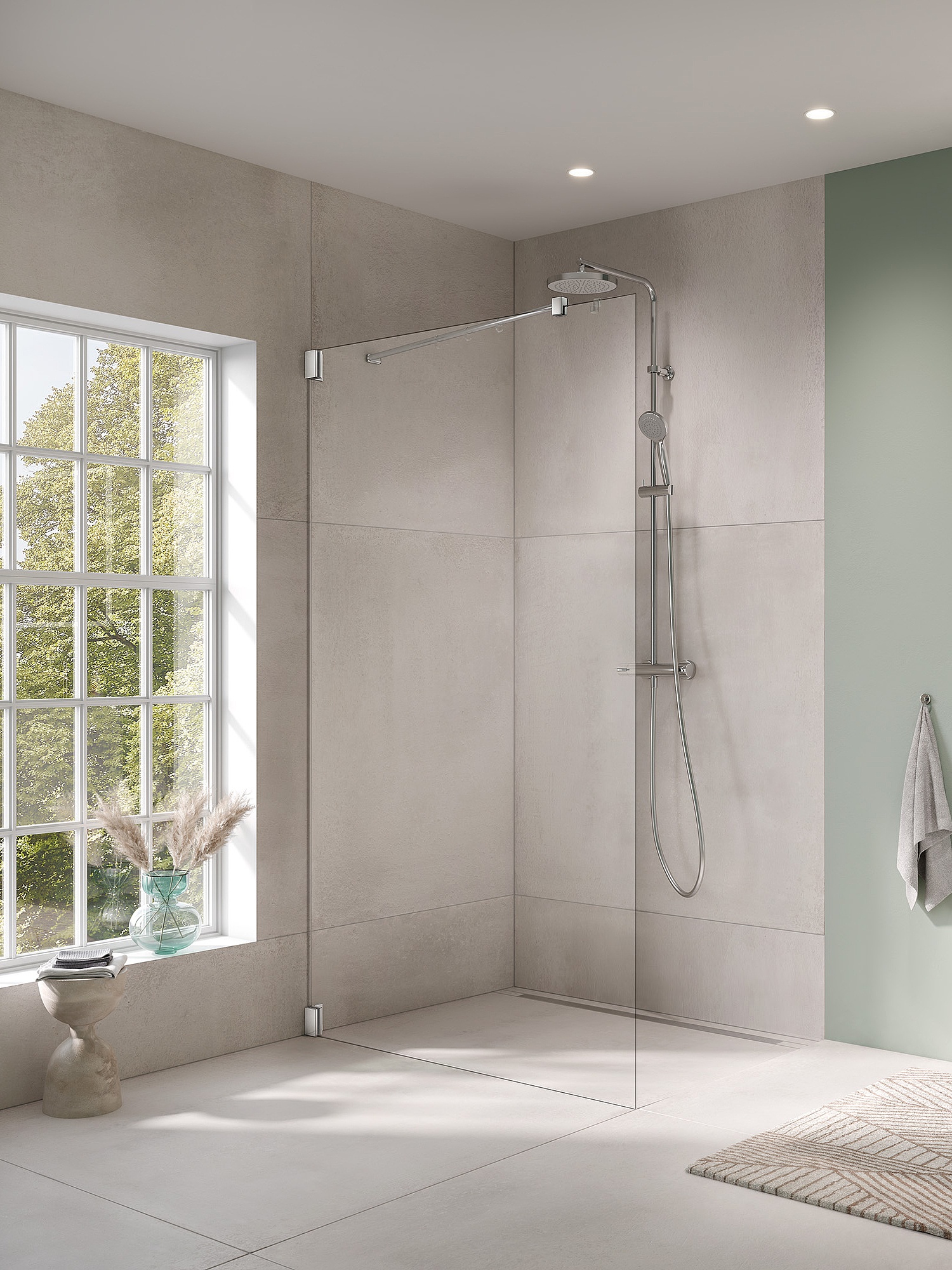 Kermi hinged shower enclosure, FILIA WALK-IN Wall with 45° stabilizer