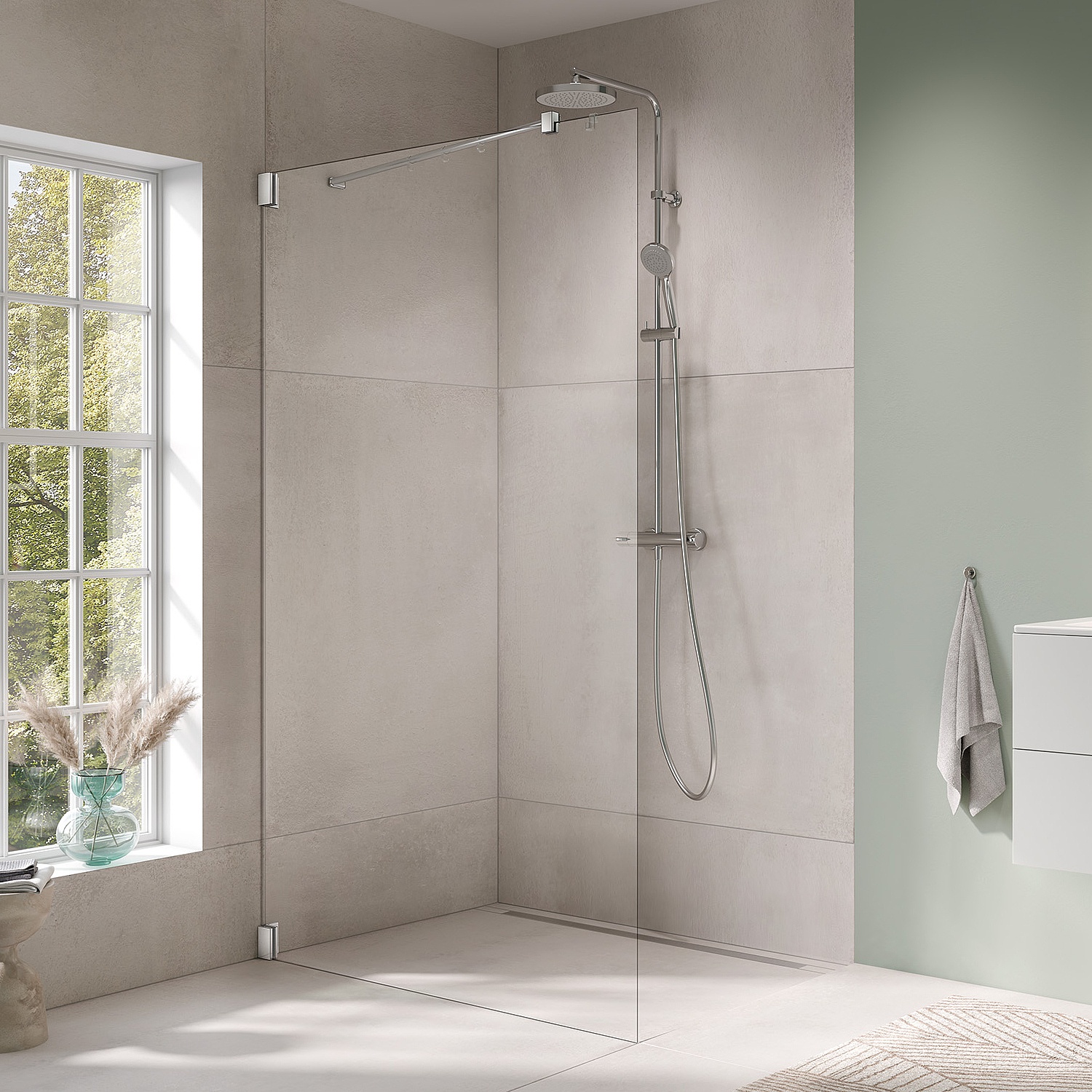 Kermi hinged shower enclosure, FILIA WALK-IN Wall with 45° stabilizer