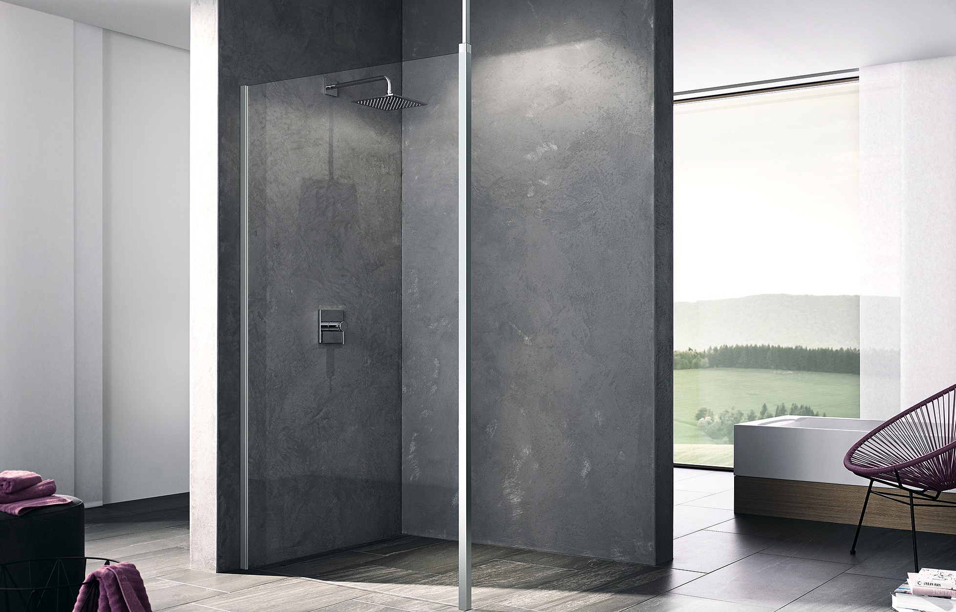 Kermi Walk-In shower enclosure, WALK-IN XB Wall with variable ceiling stabilizer