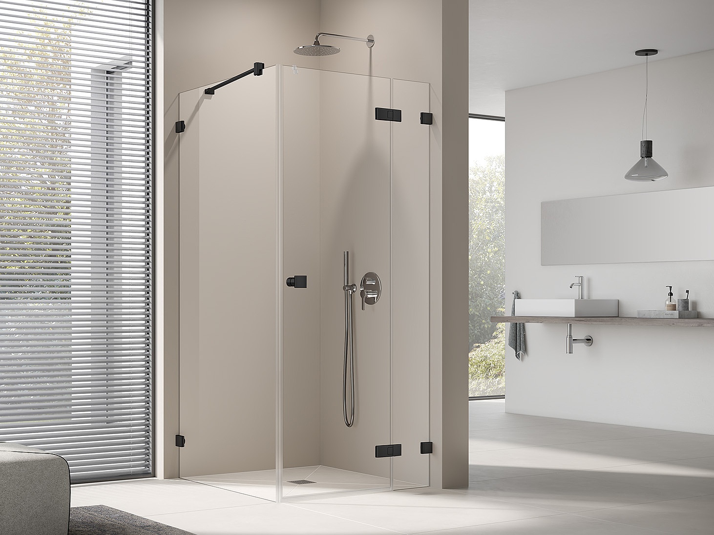 Kermi shower enclosure MENA single-panel hinged door with fixed panels and wall hinge Black