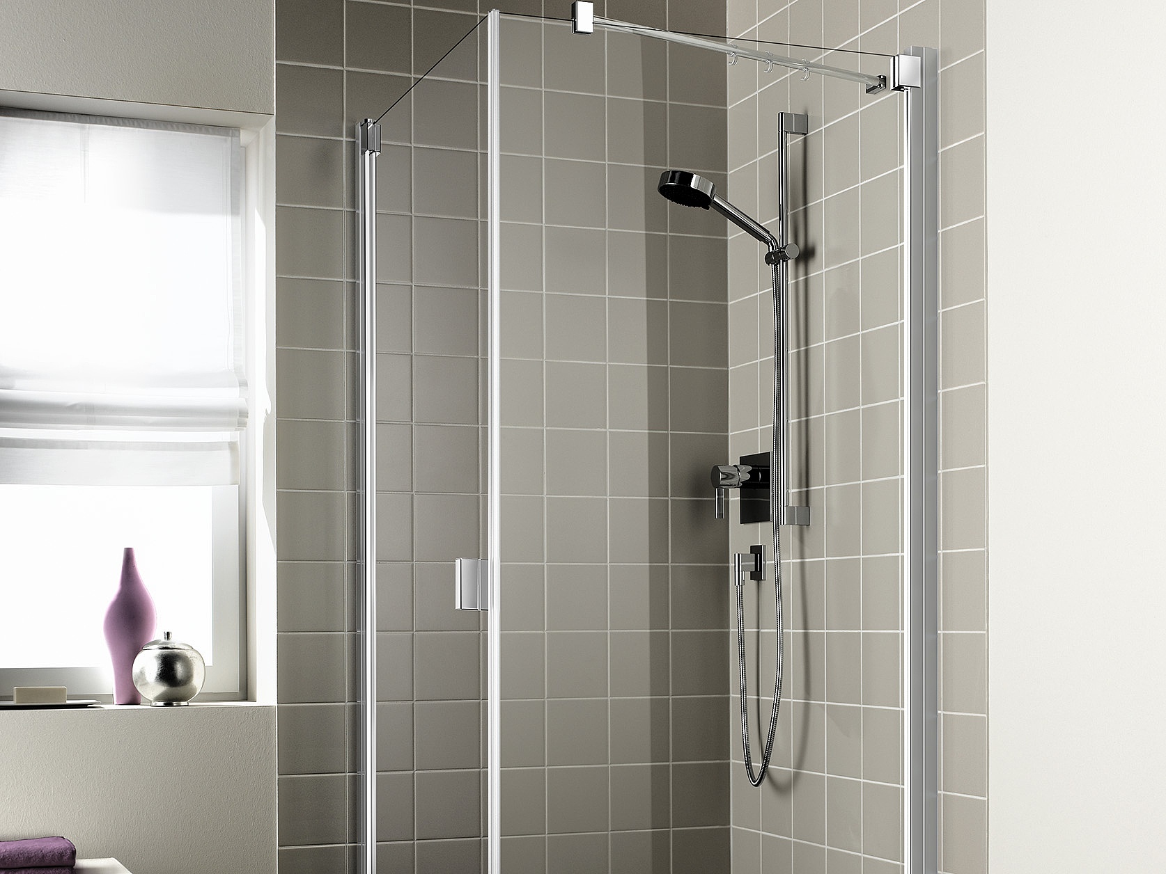 Kermi profile shower enclosure, RAYA single panel hinged door with side wall