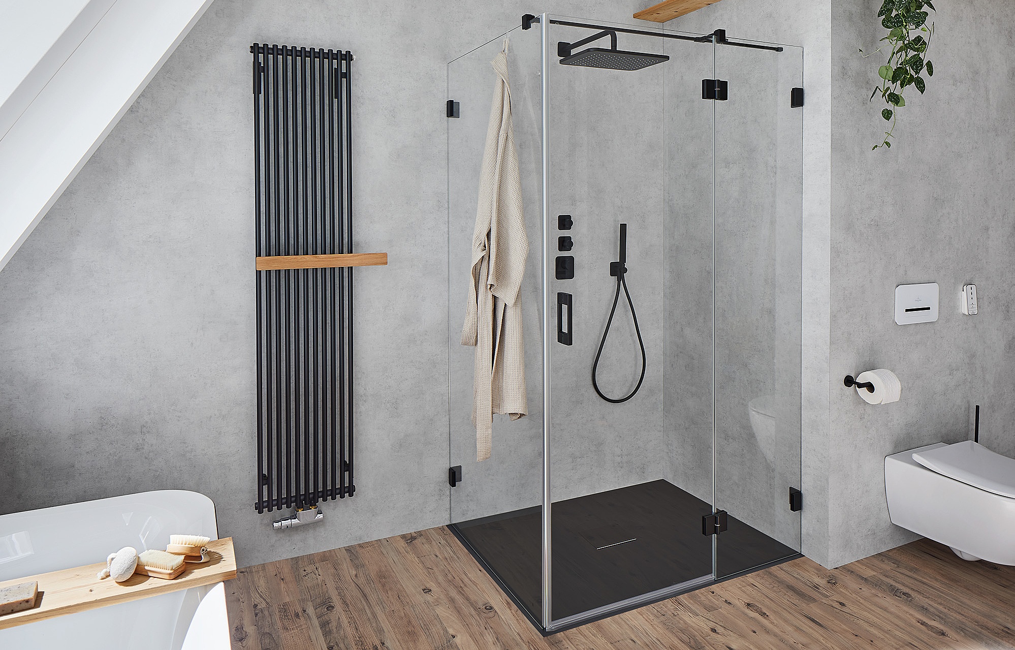 Kermi hinged shower enclosure LIGA hinged door with fixed panel and wall hinge Black