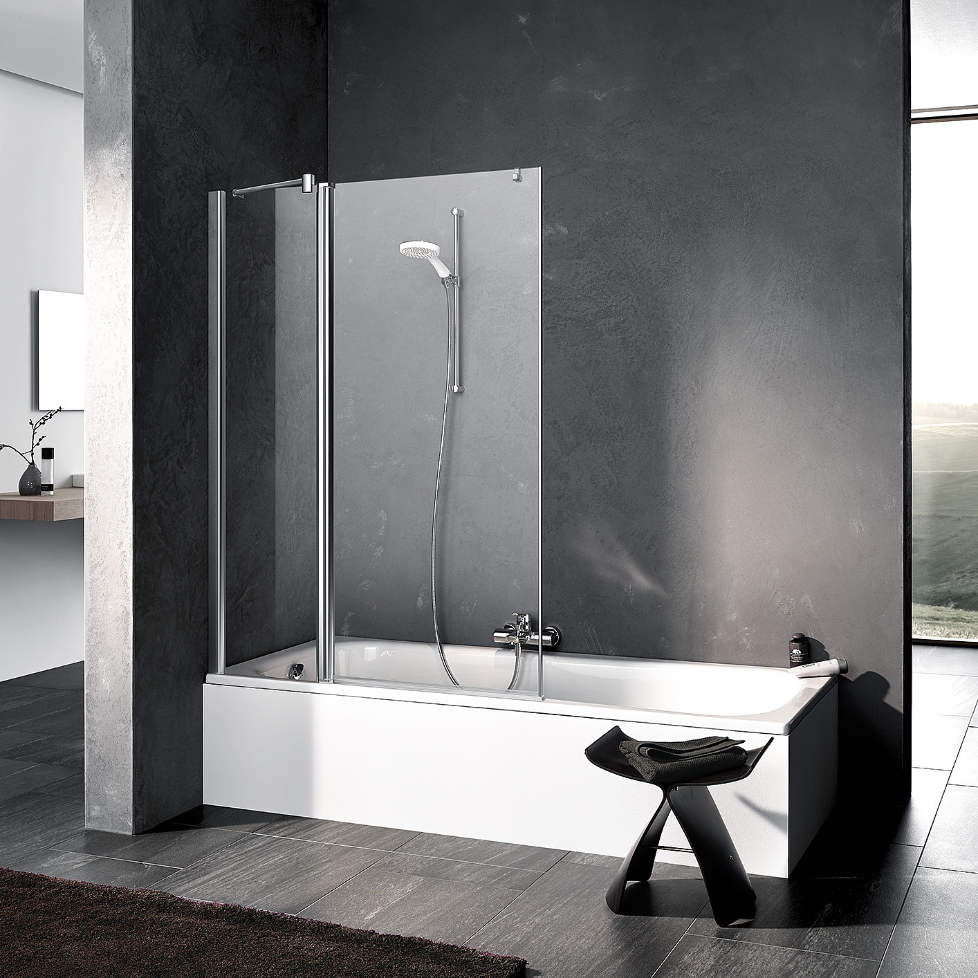 Kermi profile shower enclosure, PEGA hinged door with fixed panel for the bathtub