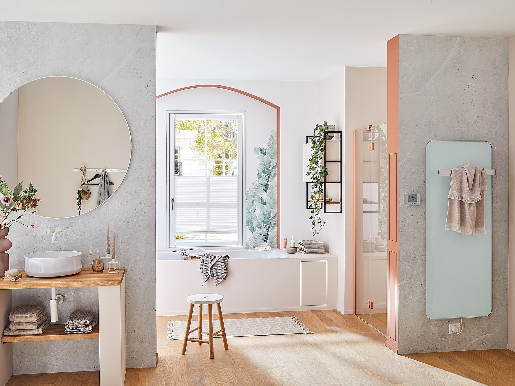 Paroi de douche à profilé Kermi avec porte battante LIGA avec élément fixe et profilé mural en Noble Pink