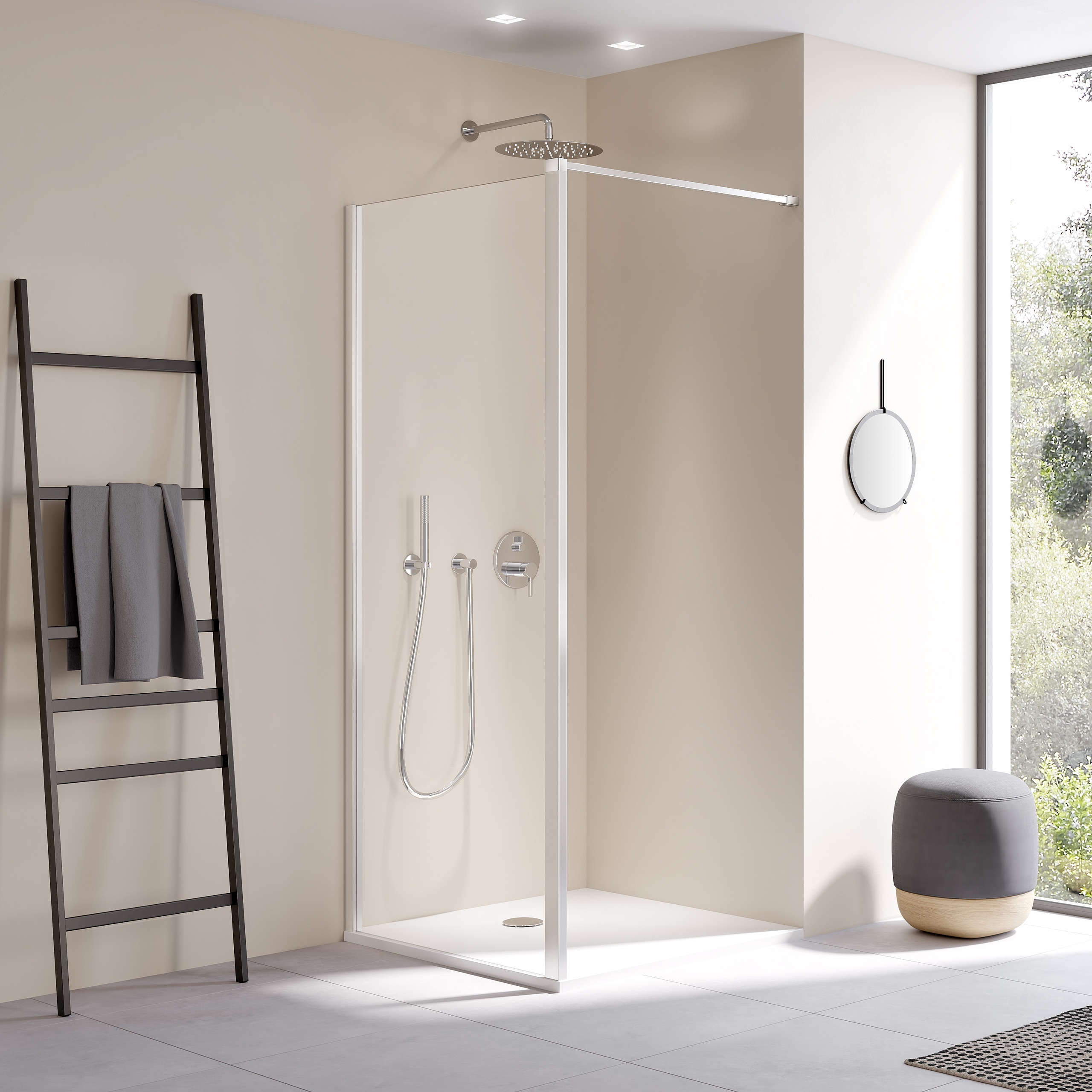 Paroi de douche à profilé Kermi avec CADA XS WALK-IN Wall avec système de support de plafond