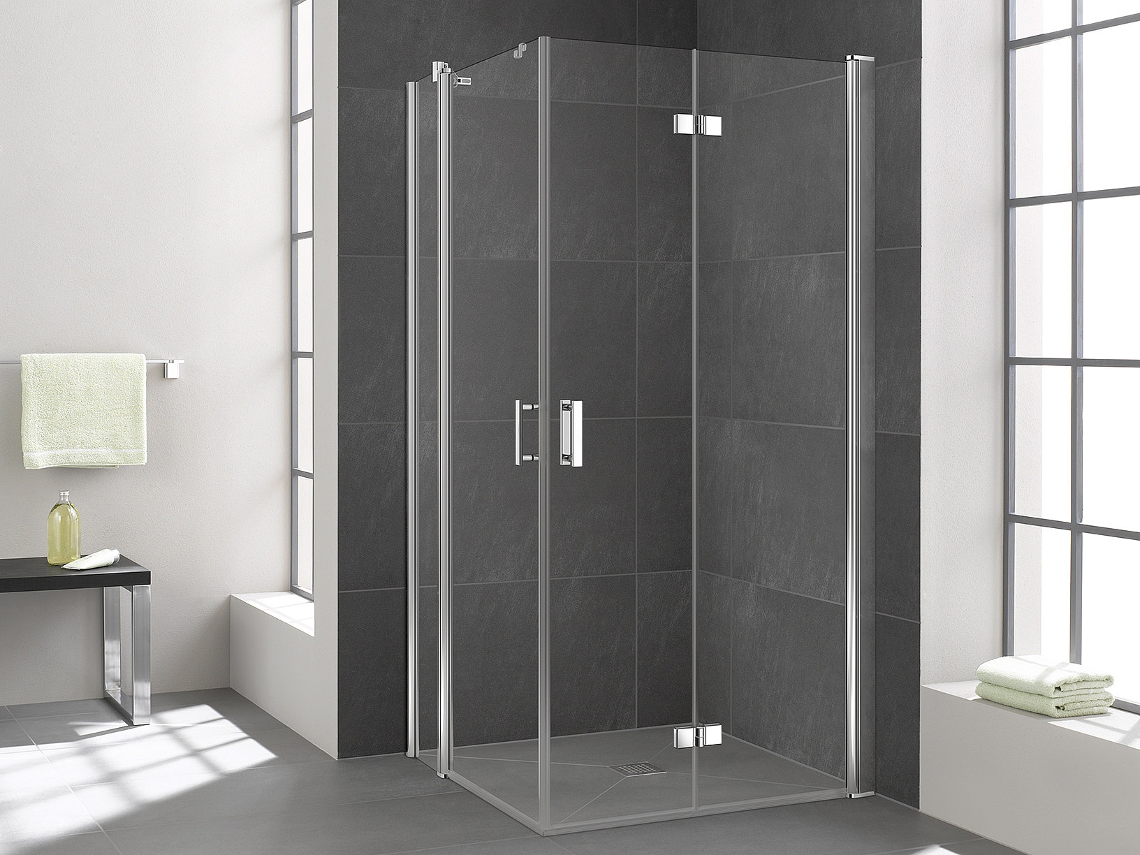 Paroi de douche à profilé Kermi avec accès d’angle DIGA en 2 parties (portes pivotantes repliables) – demi-ensemble