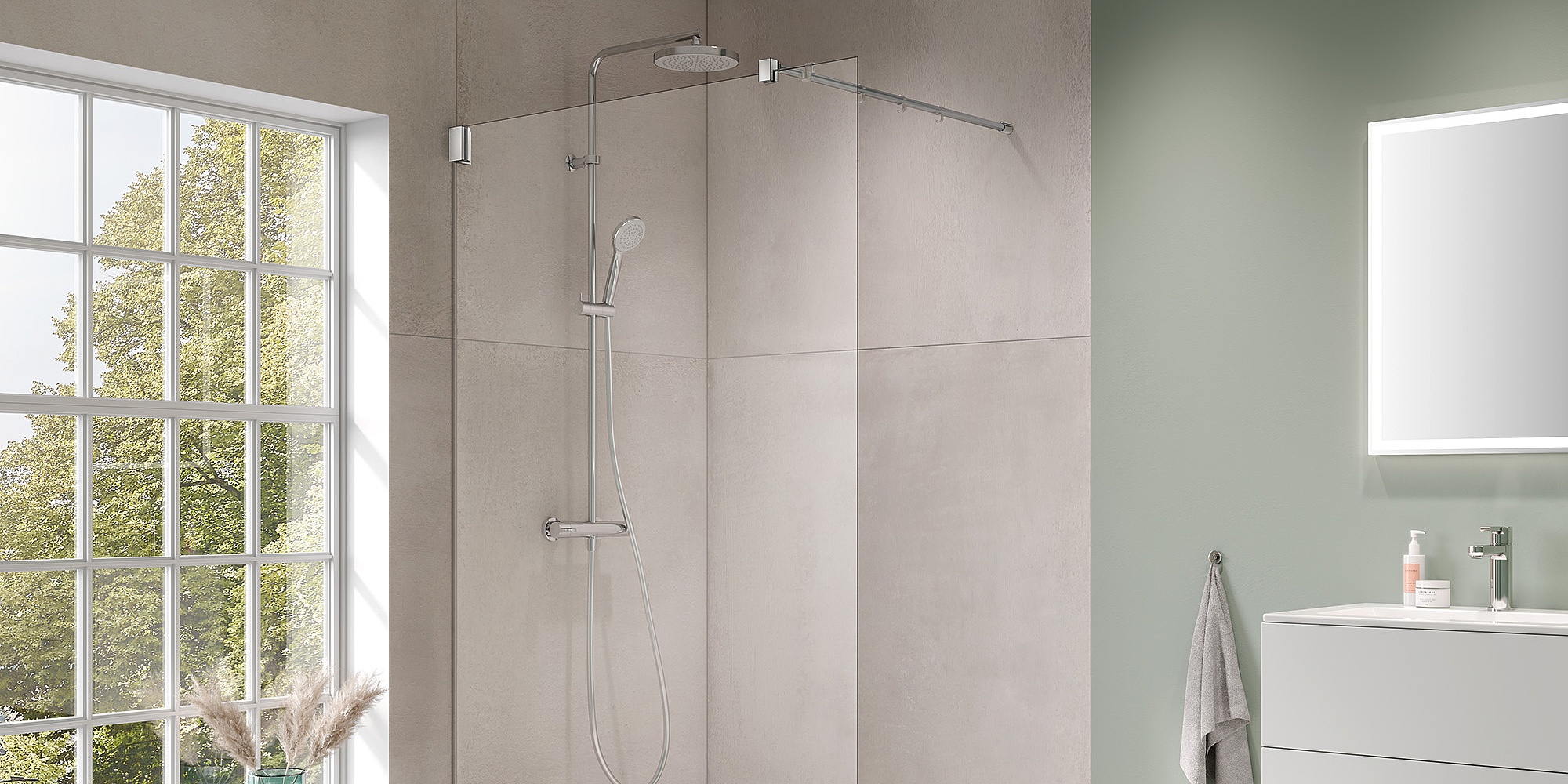 Paroi de douche à charnière Kermi avec FILIA WALK-IN Wall avec stabilisateur 90°