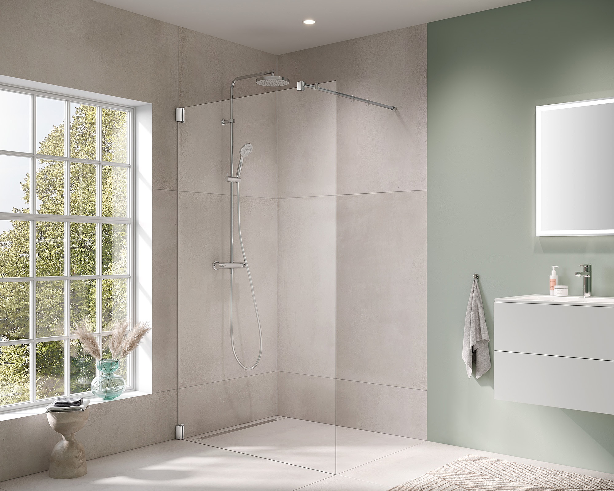 Kermi hinged shower enclosure, FILIA WALK-IN Wall with 90° stabilizer