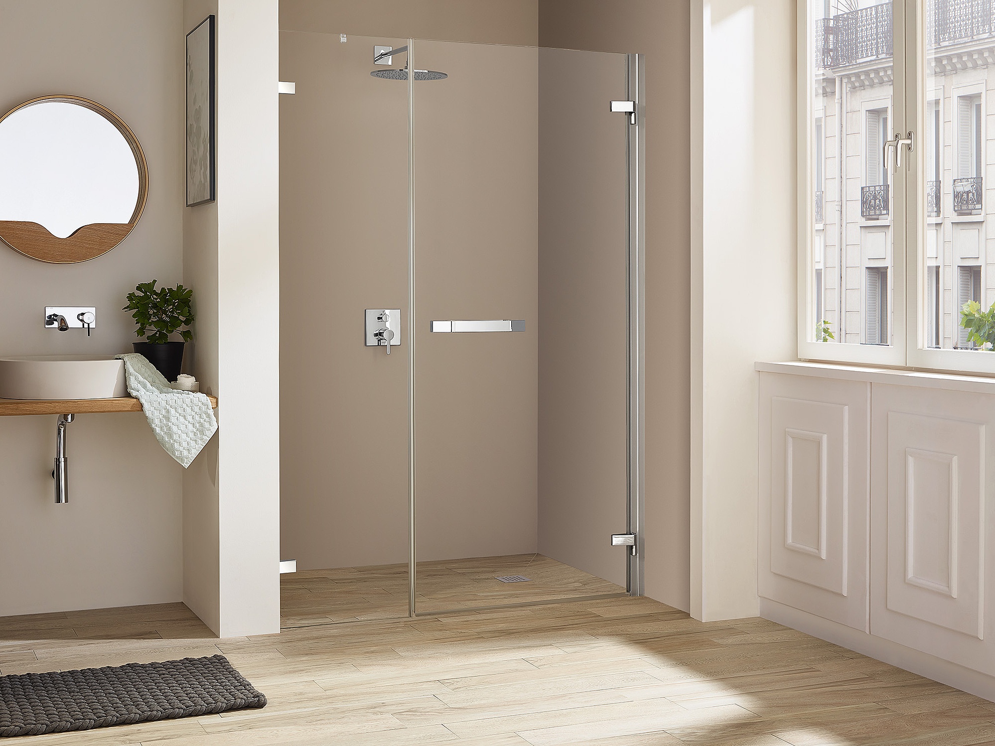 Kermi hinged shower enclosure, TUSCA single panel hinged door and fixed panel (wall hinge on the fixed panel)