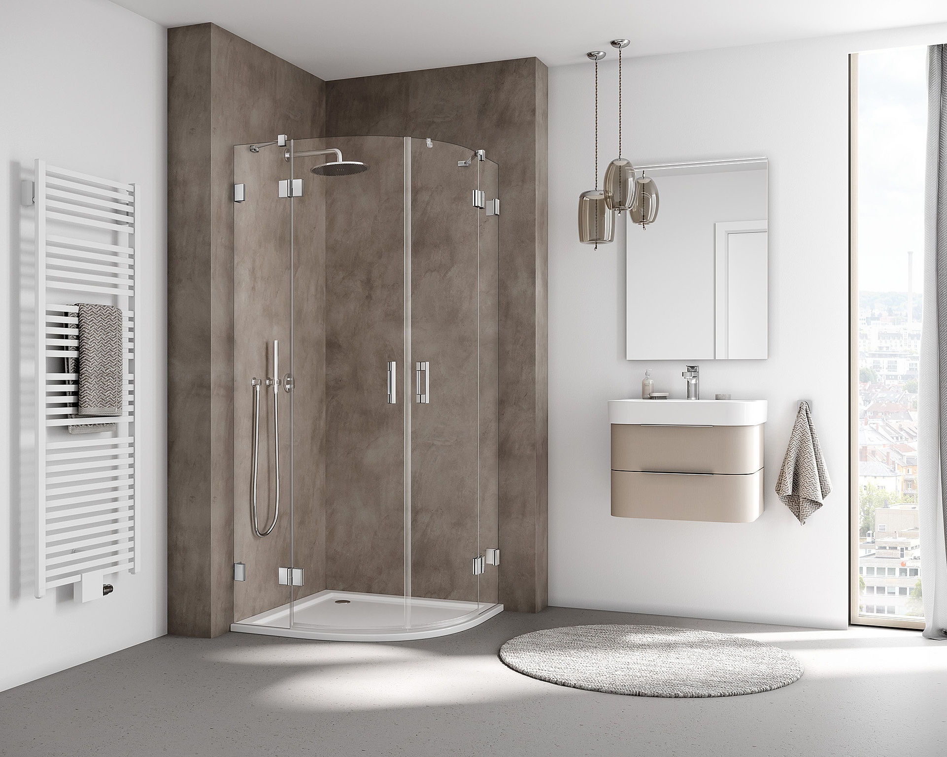 Kermi hinged shower enclosure, LIGA quadrant shower enclosure (hinged doors with fixed panels) with wall hinge