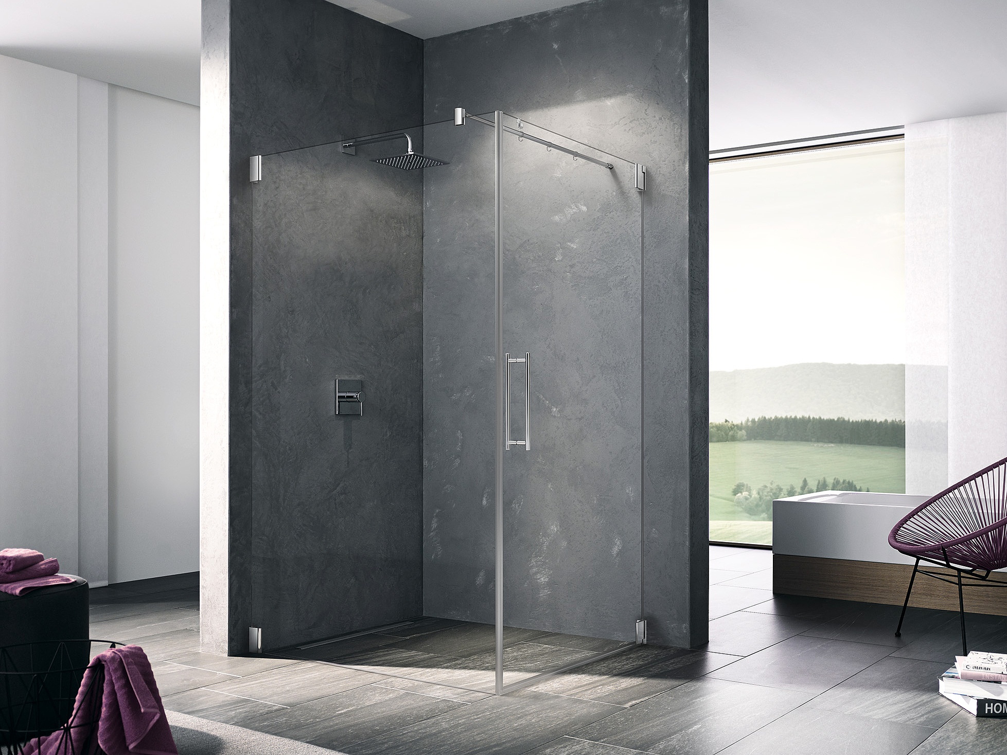 Kermi hinged shower enclosure, PASA single panel hinged door and side wall