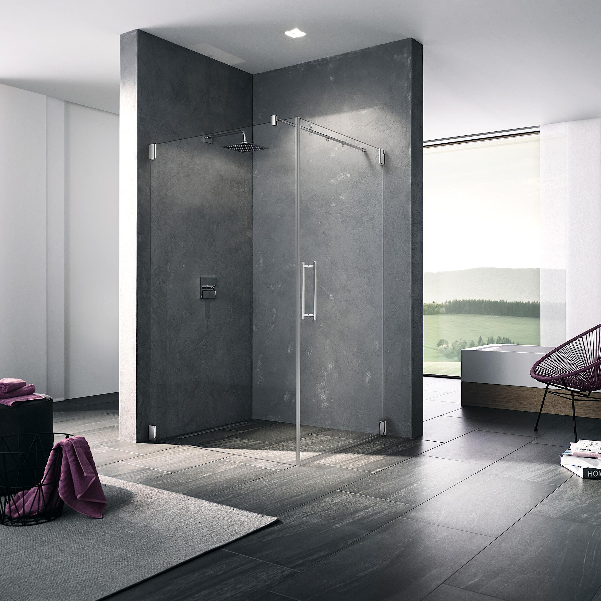 Kermi hinged shower enclosure, PASA single panel hinged door and side wall