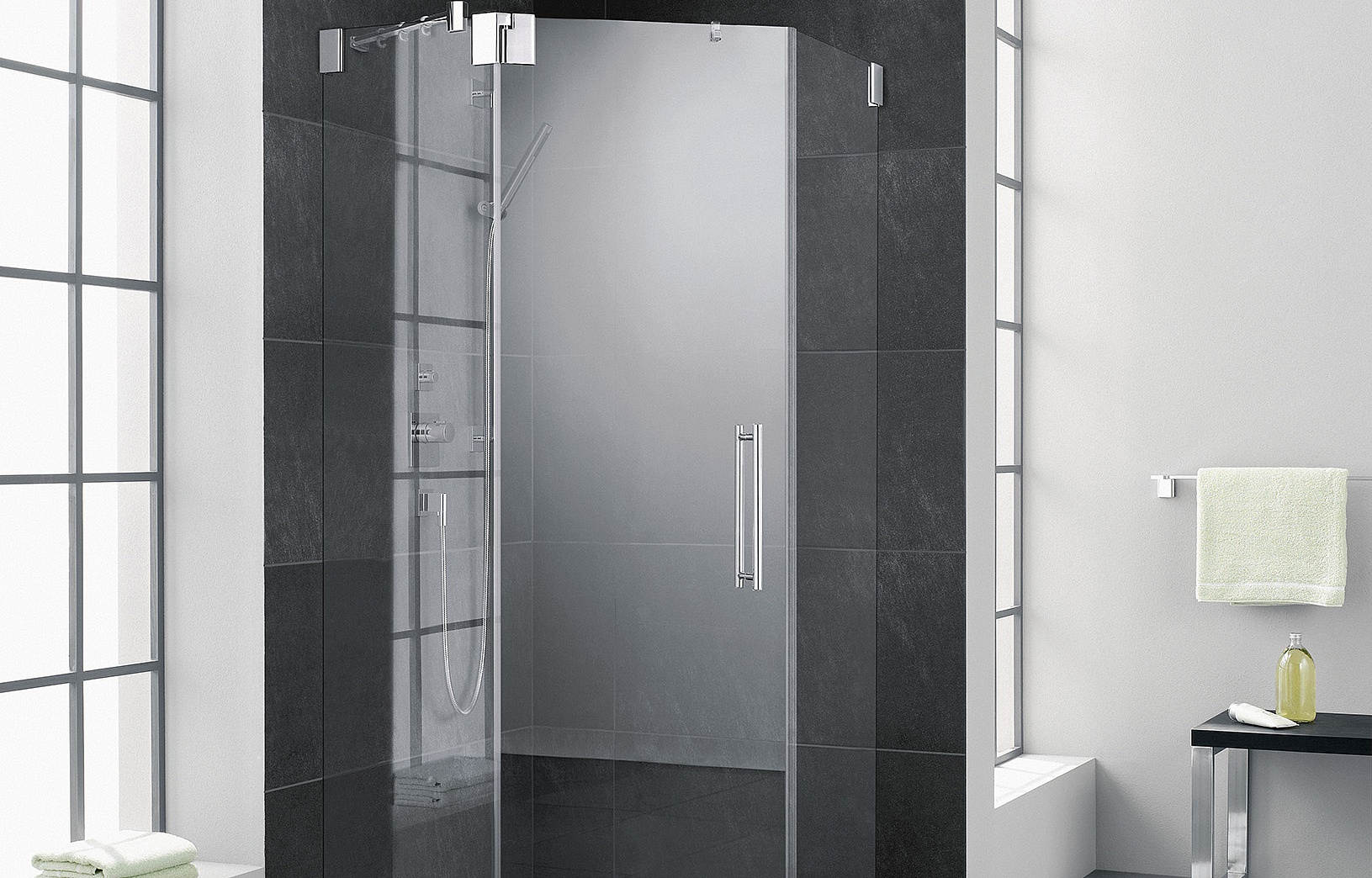 Kermi hinged shower enclosure, PASA pentagon shower enclosure (two-part hinged door with fixed panels)