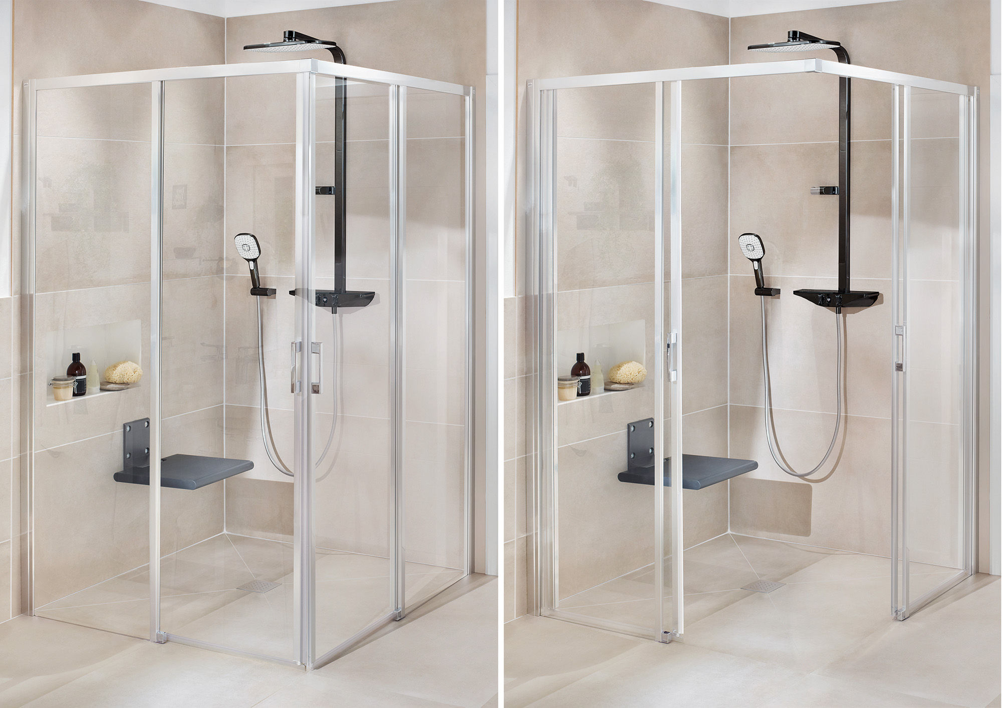 Paroi de douche à profilé Kermi avec portes coulissantes LIGA Walk-In Wall accessibles aux PMR