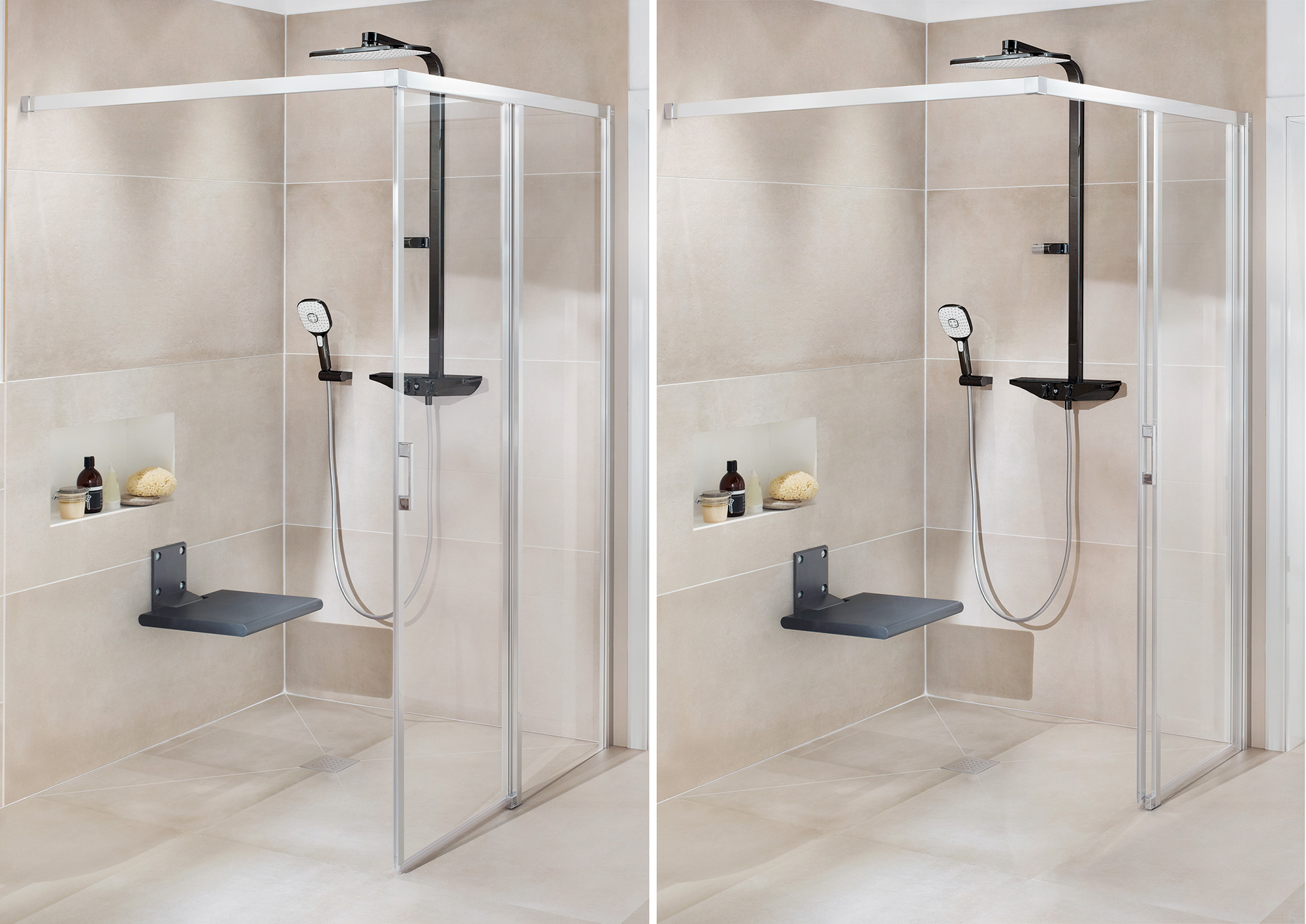 Paroi de douche à profilé Kermi avec porte coulissante LIGA Walk-In Wall accessible aux PMR