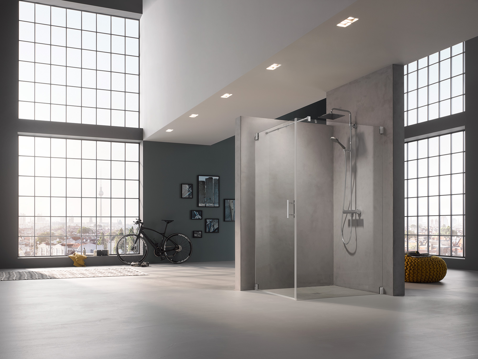 Kermi hinged shower enclosure, FILIA single panel hinged door and side wall