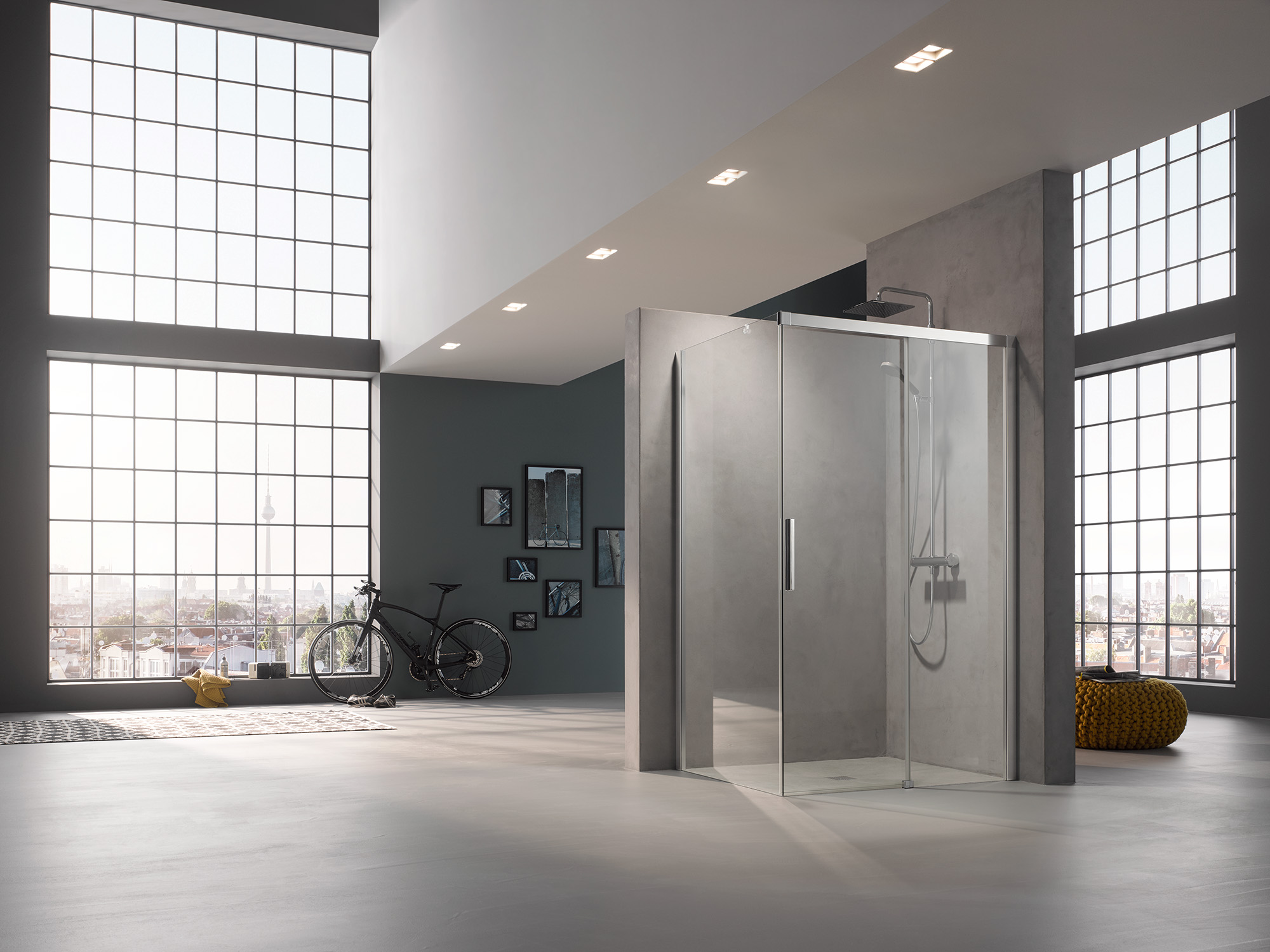 Kermi profile shower enclosure NICA off-floor two-part sliding door with fixed panel and wall profile