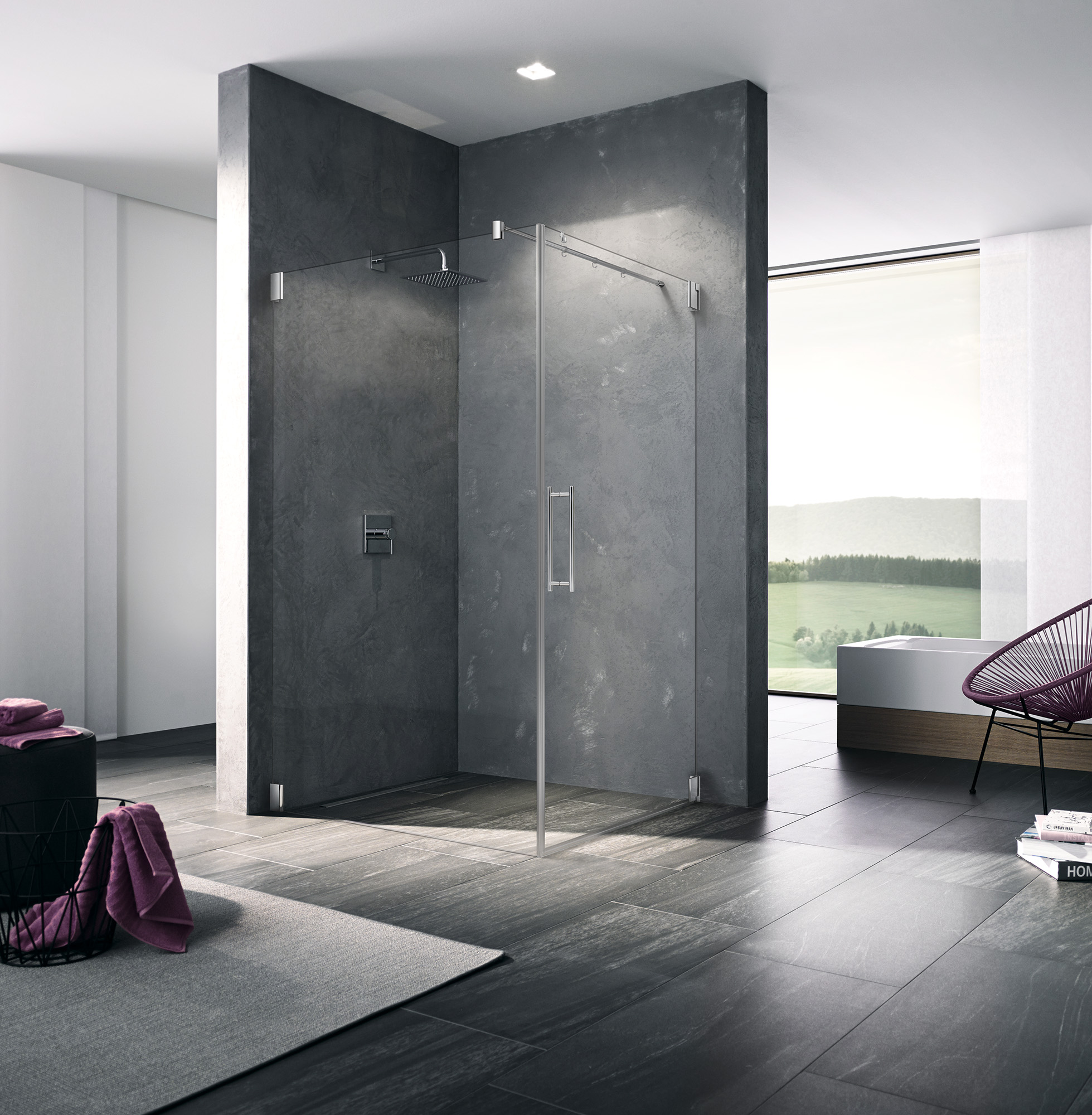 Kermi hinged shower enclosure, PASA single panel hinged door and side wall