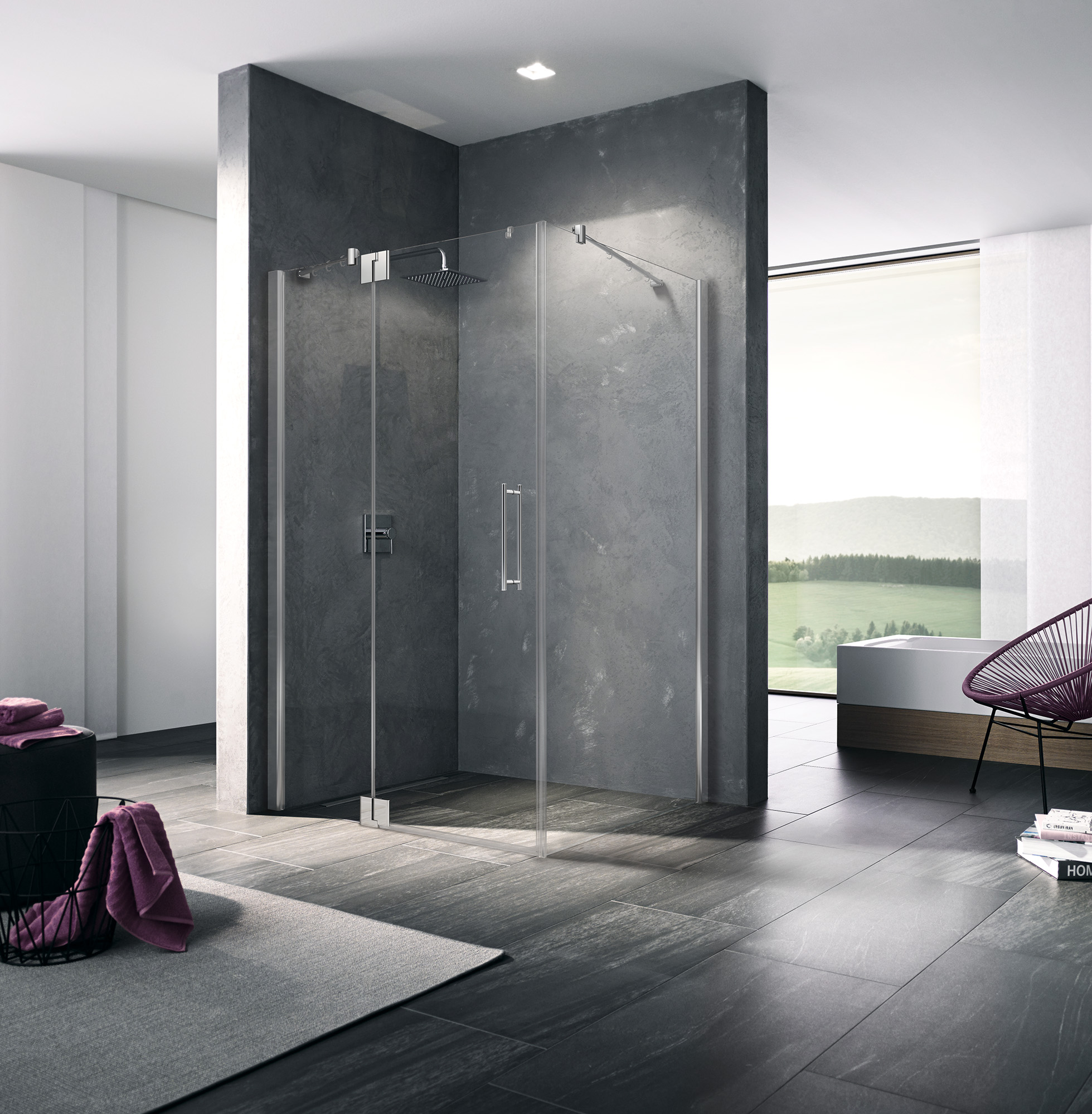 Kermi hinged shower enclosure, PASA XP single panel hinged door with fixed panel