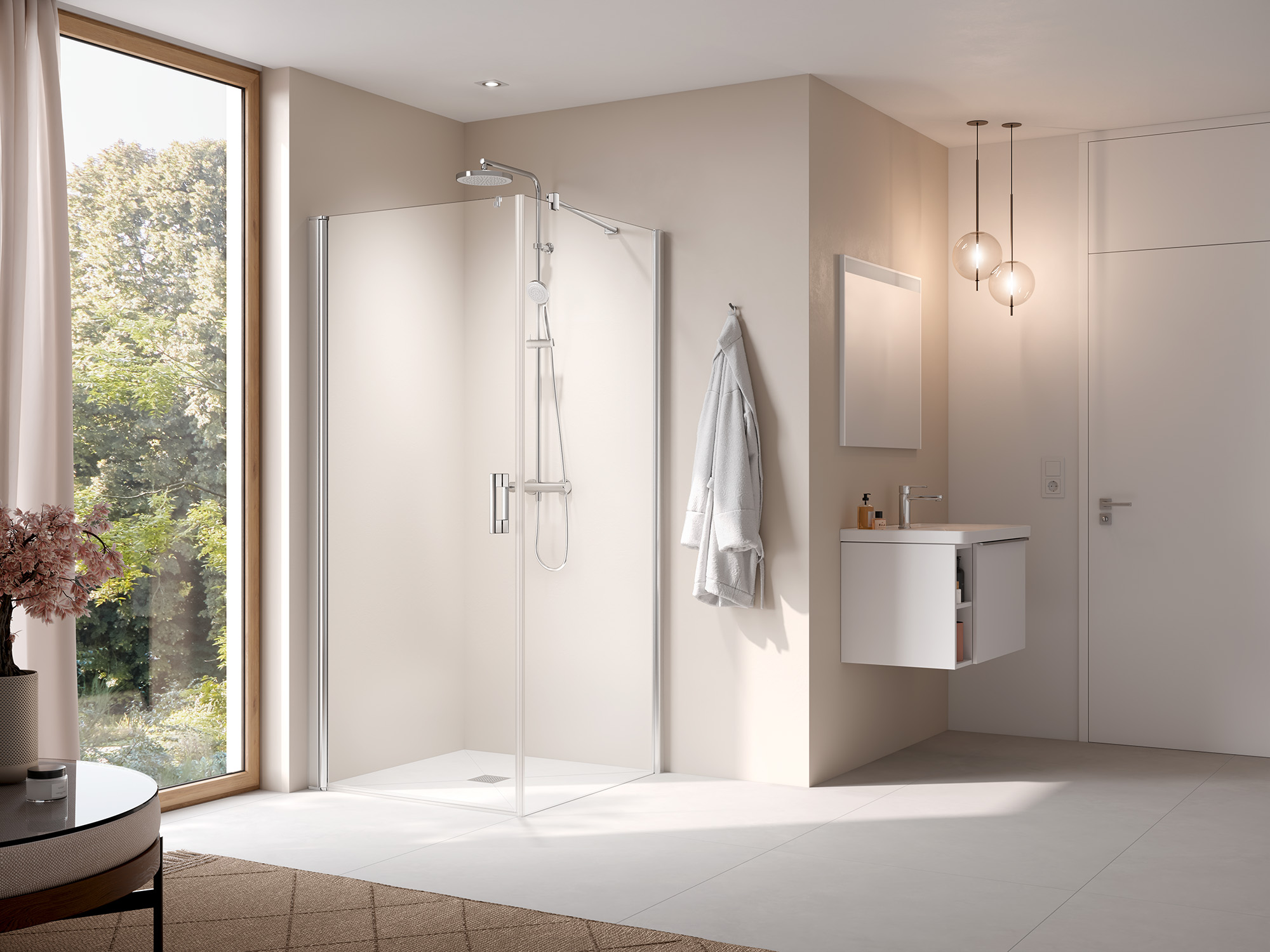 Kermi profile shower enclosure, PEGA single panel hinged door with side wall