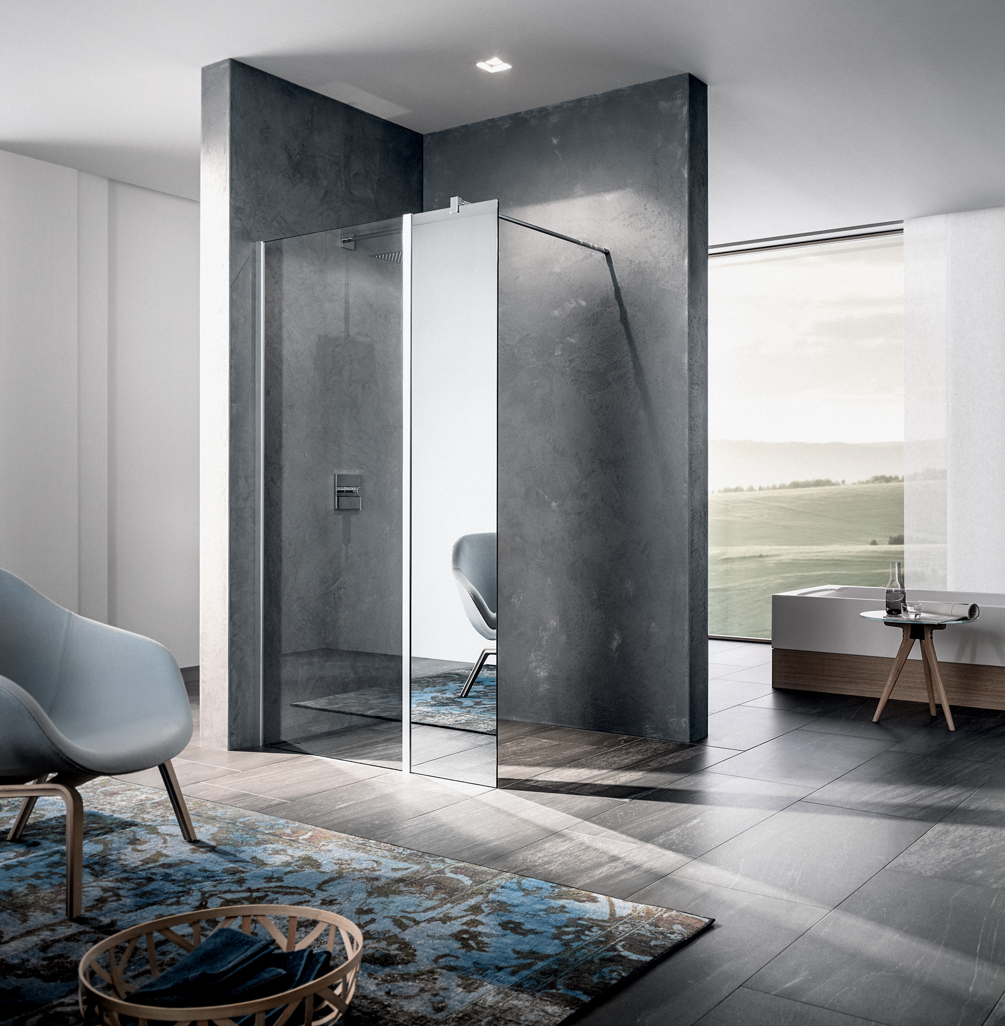 Kermi Walk-In shower enclosure, WALK-IN XB in-line fixed panel in combination with WALK-IN XB Wall